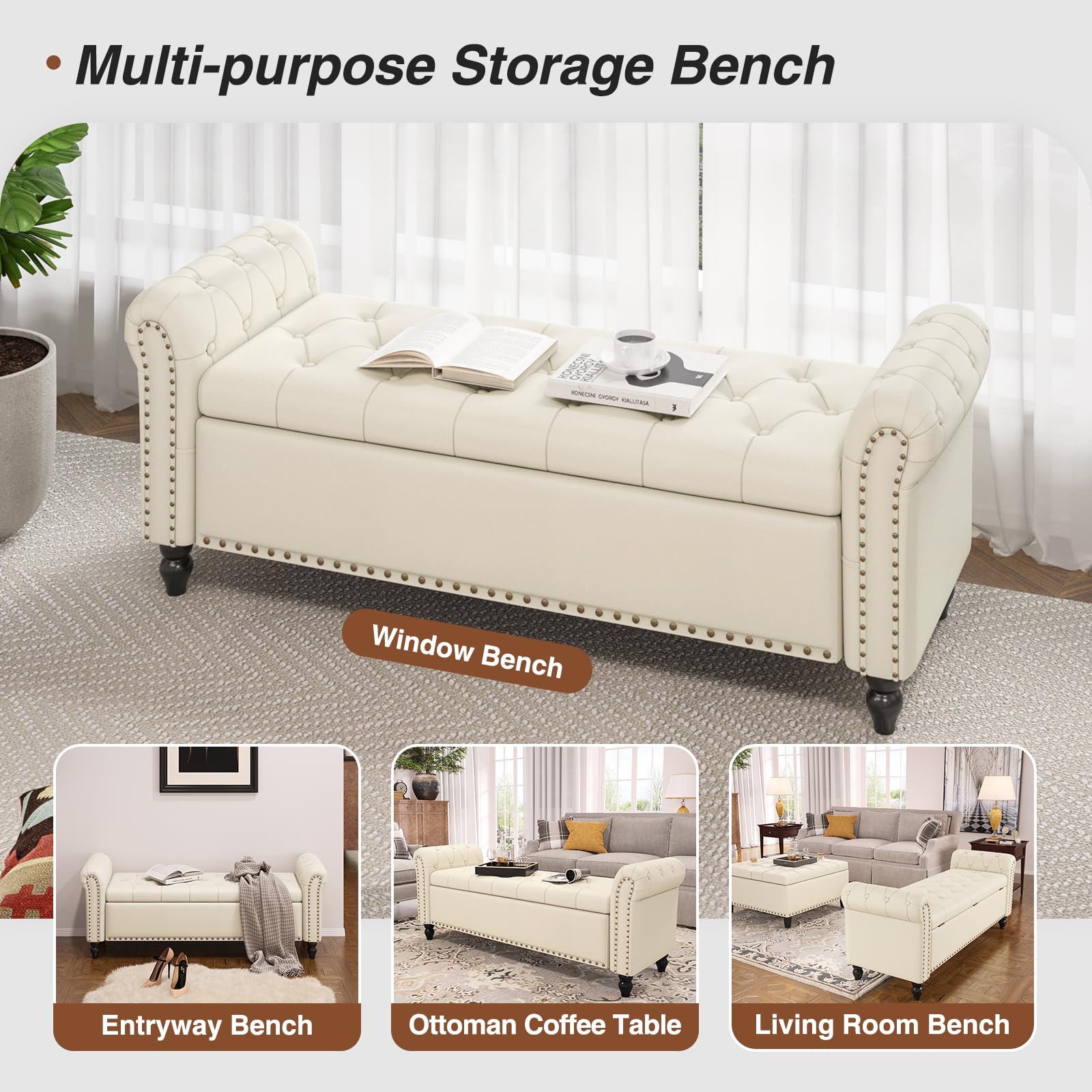 65 Inch Upholstered Storage Bench for Bedroom - Faux Leather Tufted Button End of Bed Bench with Nailhead Trim & Rolled Arms, Cream White - Perfect for Bedroom Seating, Window Seat & Extra Storage