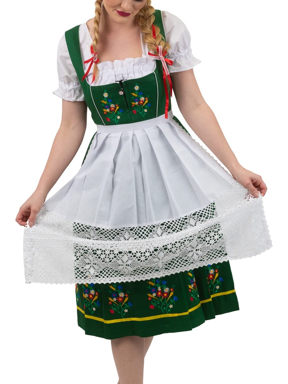 Authentic German Dirndl Dress 3-Piece Set - Long Midi Green Embroidered Oktoberfest Costume with Lace Apron & Crop Top | Traditional Bavarian Outfit for Oktoberfest, Beer Festival & Cultural Events