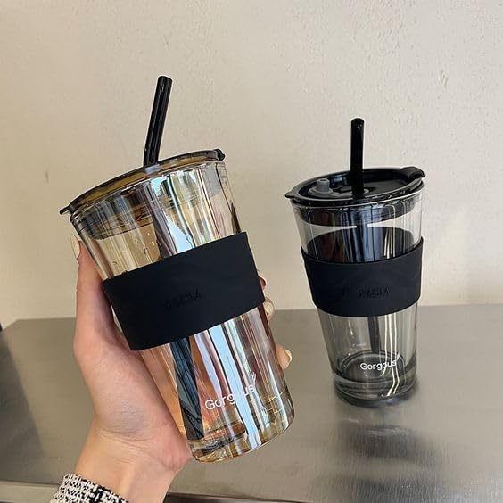 KD ZONE 450ML Glass Tumbler with Leather Sleeve - Insulated Coffee Mug with Glass Straw & Lid for Hot/Cold Drinks - Perfect for Juice, Milk, Tea - Ideal Travel Cup for Office, Commuting & Outdoor Activities (Black, Pack of 1)