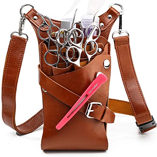 Premium PU Leather Hair Scissor Holster - Professional Hairdressing Pouch Holder with Rivet Clips & Adjustable Waist/Shoulder Belt for Barbers & Stylists (Brown) - Ideal for Salon, Home Haircuts & Mobile Hairstyling Services
