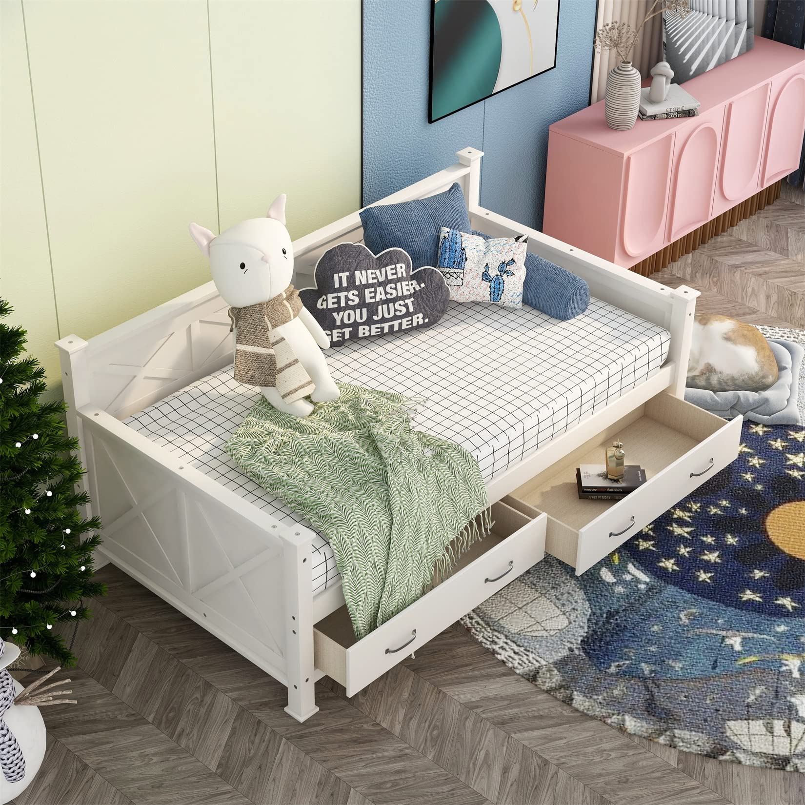 Wooden Daybed with 2 Storage Drawers - Cream Platform Bed for Kids, Guest Room & Sleepovers - Space-Saving Twin Bed with Underbed Storage - Perfect for Small Bedrooms, Dorms & Apartments