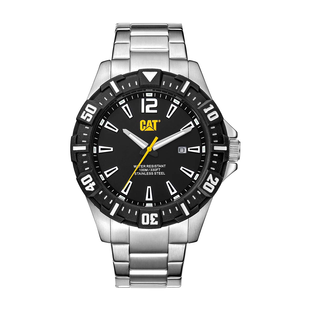 CAT Steer Men's Watch - 44mm Stainless Steel Case with Date Display - Choose Stainless Steel or Silicone Strap - Perfect for Work, Outdoor Adventures & Casual Wear