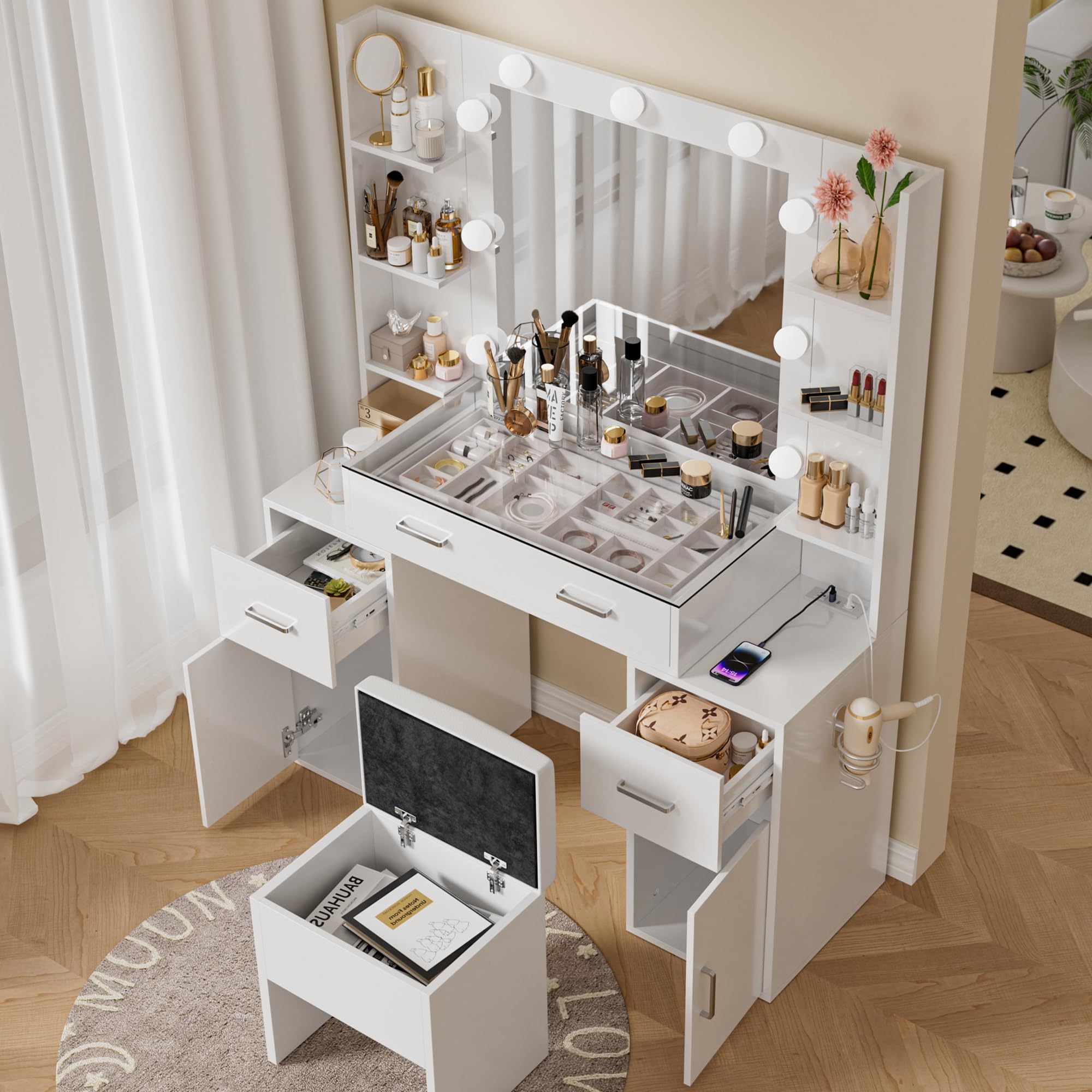LED Makeup Vanity Desk with Glass Top & Charging Station - 9 Adjustable Lights, 3 Lighting Modes, Storage Bench - Perfect for Bedroom Dressing Table, Beauty Salon & Home Decor (White)