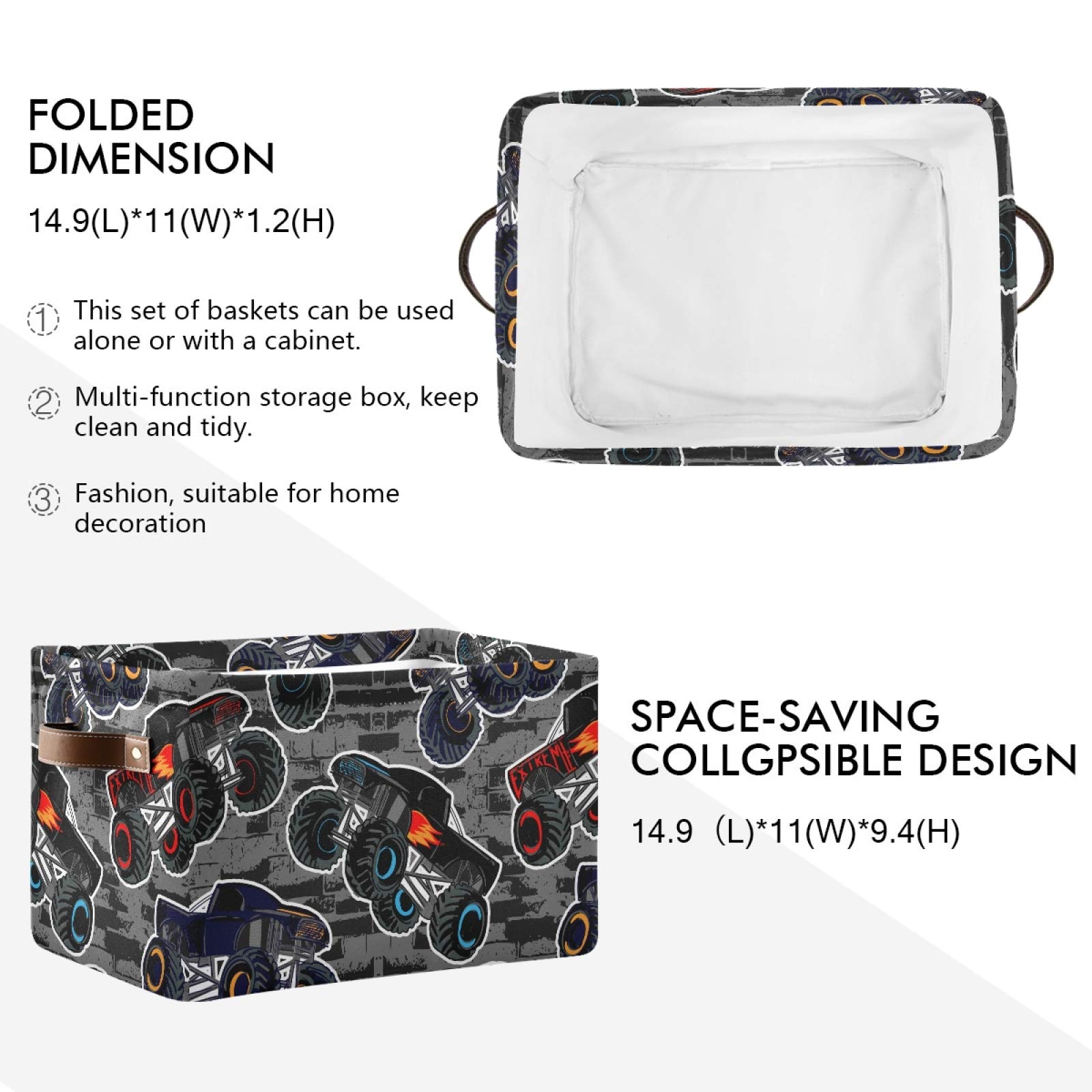 Susiyo Large Foldable Storage Bin - Monster Truck Car Fabric Collapsible Baskets (2-Pack) with PU Handles for Home Organization | Perfect for Shelves, Closet, Bedroom & Living Room Storage | Great for Kids' Toys, Blankets & Household Items