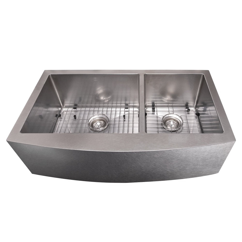 ZLINE 36-inch Farmhouse Apron Front Double Bowl Stainless Steel Kitchen Sink with Bottom Grid - SA60D 36S - Durable & Stylish for Modern Kitchens, Perfect for Cooking, Washing Dishes & Food Prep