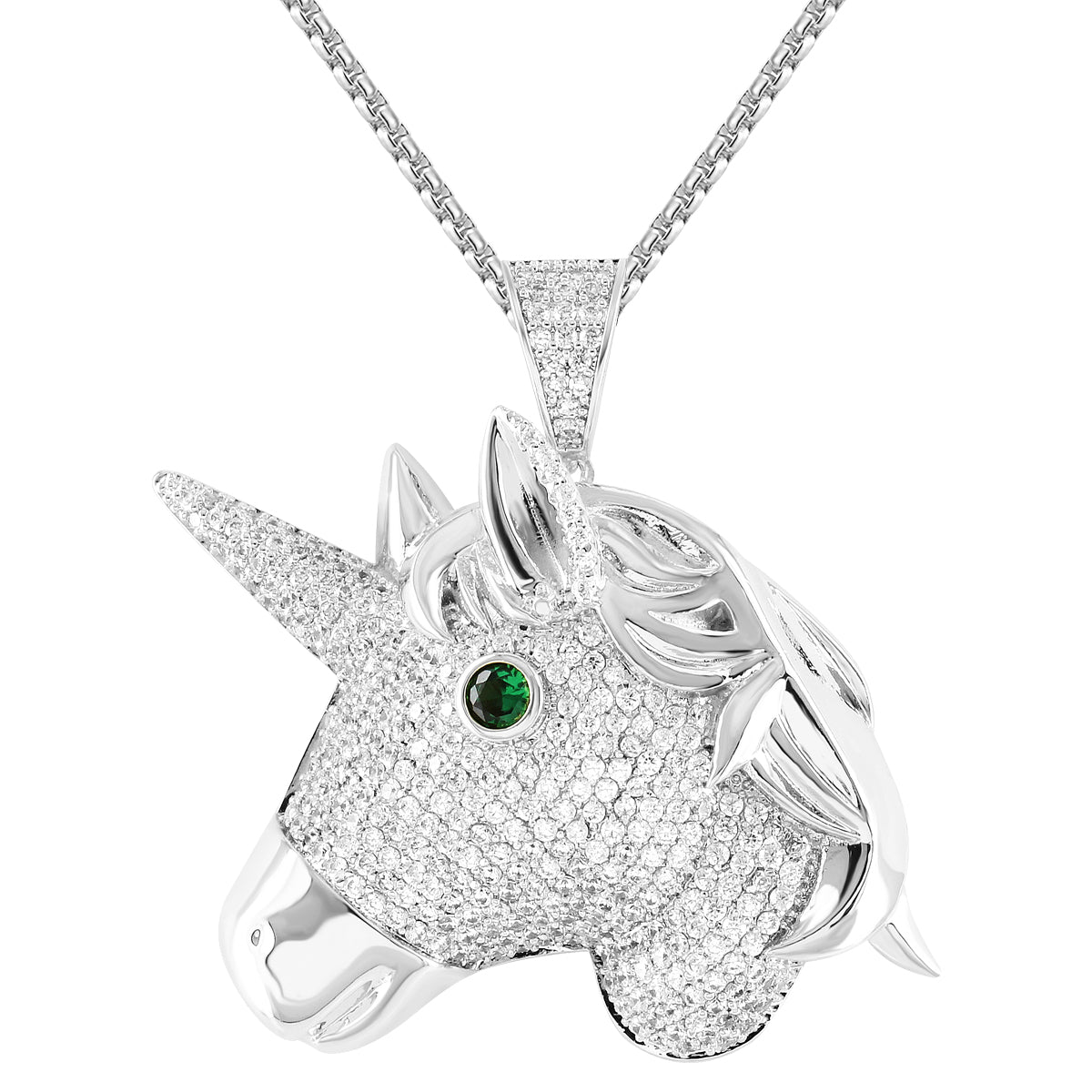 White Blessed Unicorn Emerald Eye Royal Pendant Necklace with 24 Inch Chain - Perfect for Cosplay, Fantasy Jewelry & Gift Giving