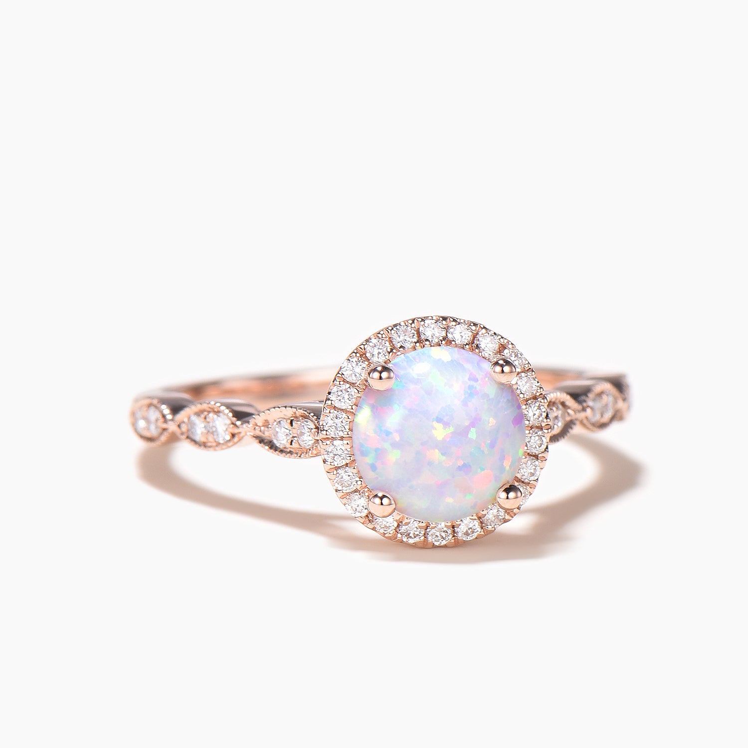 14K Rose Gold Opal Halo Engagement Ring with Moissanite Accents - Scalloped Milgrain Wedding Band for Women, Anniversary Gift for Her, Perfect for Proposals, Weddings & Special Occasions