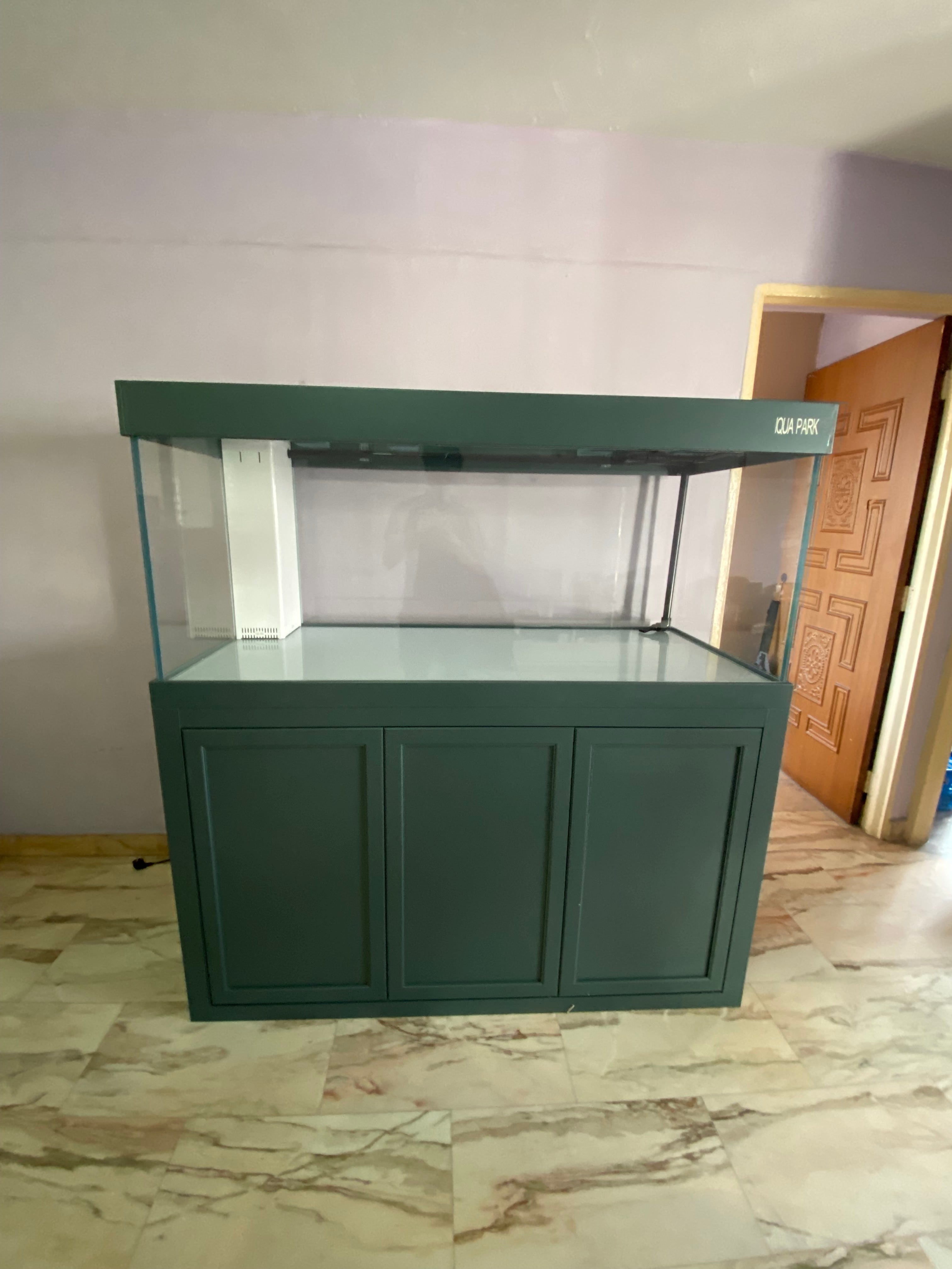 IAQUA 100 Gallon Crystal Clear Glass Aquarium Tank with Sump & Aluminum Cabinet - Premium Saltwater & Freshwater Fish Tank for Home, Office & Commercial Use