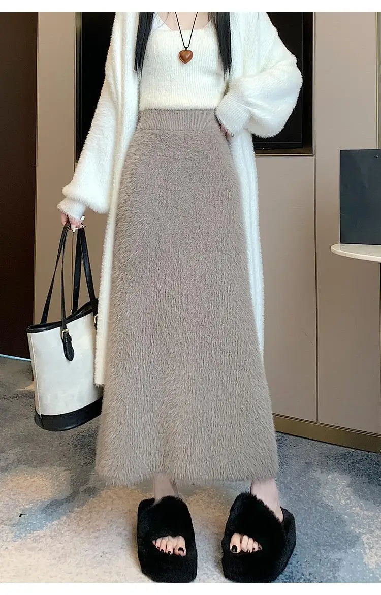 Elegant Black & White Mink Long Skirt for Women - High Waist Elastic French Knit Skirt | Winter 2024 Fashion Trend | Perfect for Vacation, Party & Office Wear
