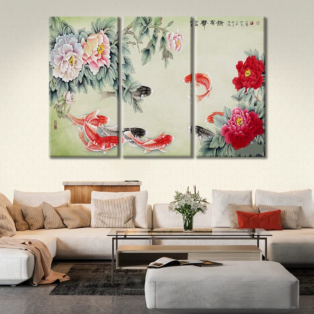Stunning 3-Piece Chinese Ink Koi Peonies Canvas Wall Art - 60