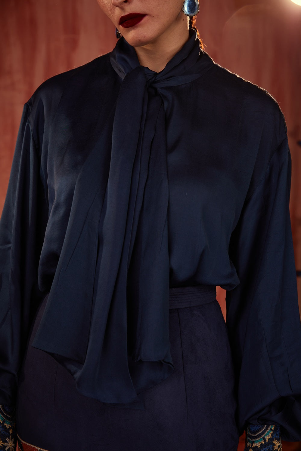Elegant Navy Blue Bow Tie Blouse for Women - Perfect for Office Wear, Parties & Special Occasions
