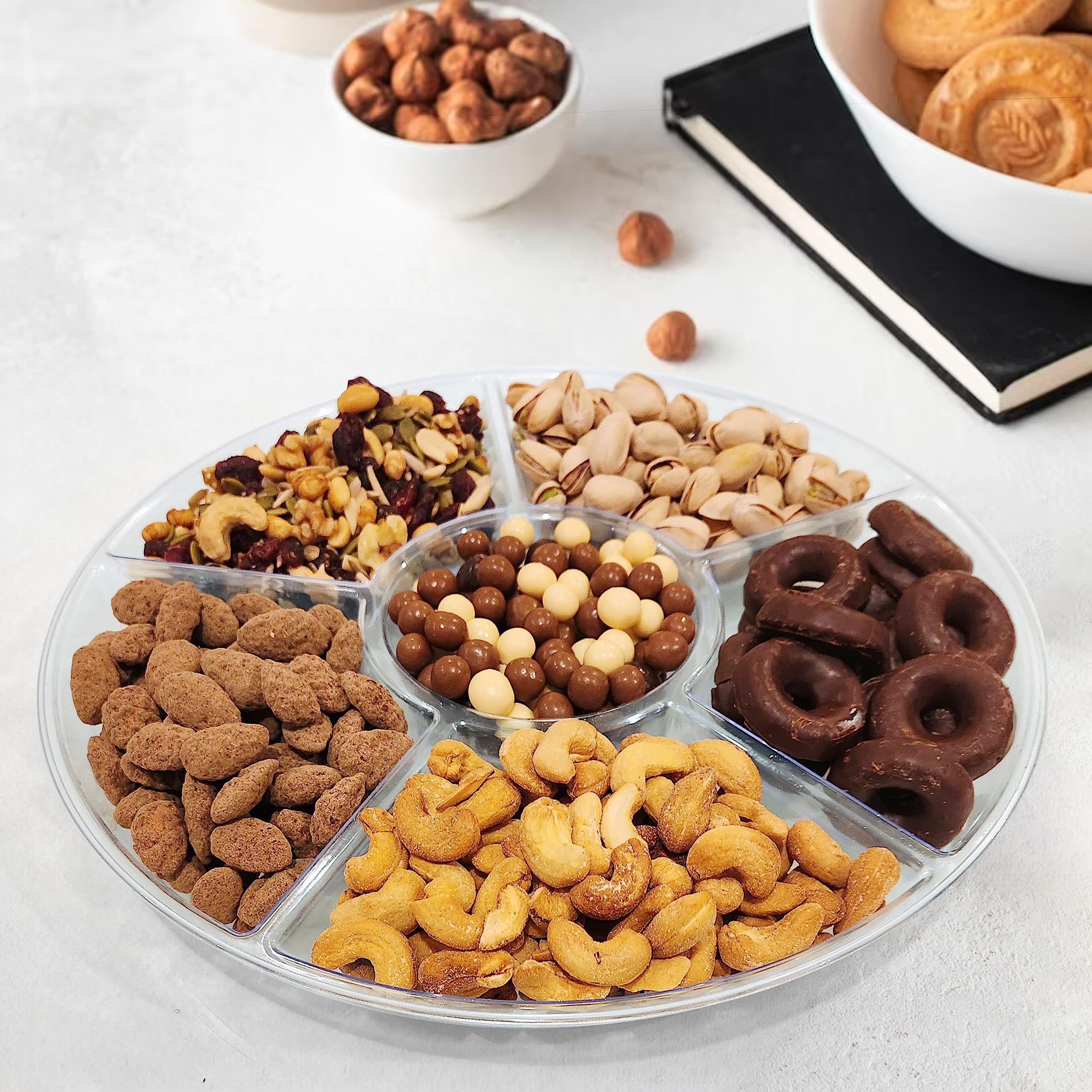 R-kay 4 Pack 12-Inch Clear Plastic Serving Trays with 6 Dividers - Heavy Duty Party Food Platters for Veggies, Appetizers & Snacks - Perfect for Buffets, BBQs, Picnics & Holiday Gatherings