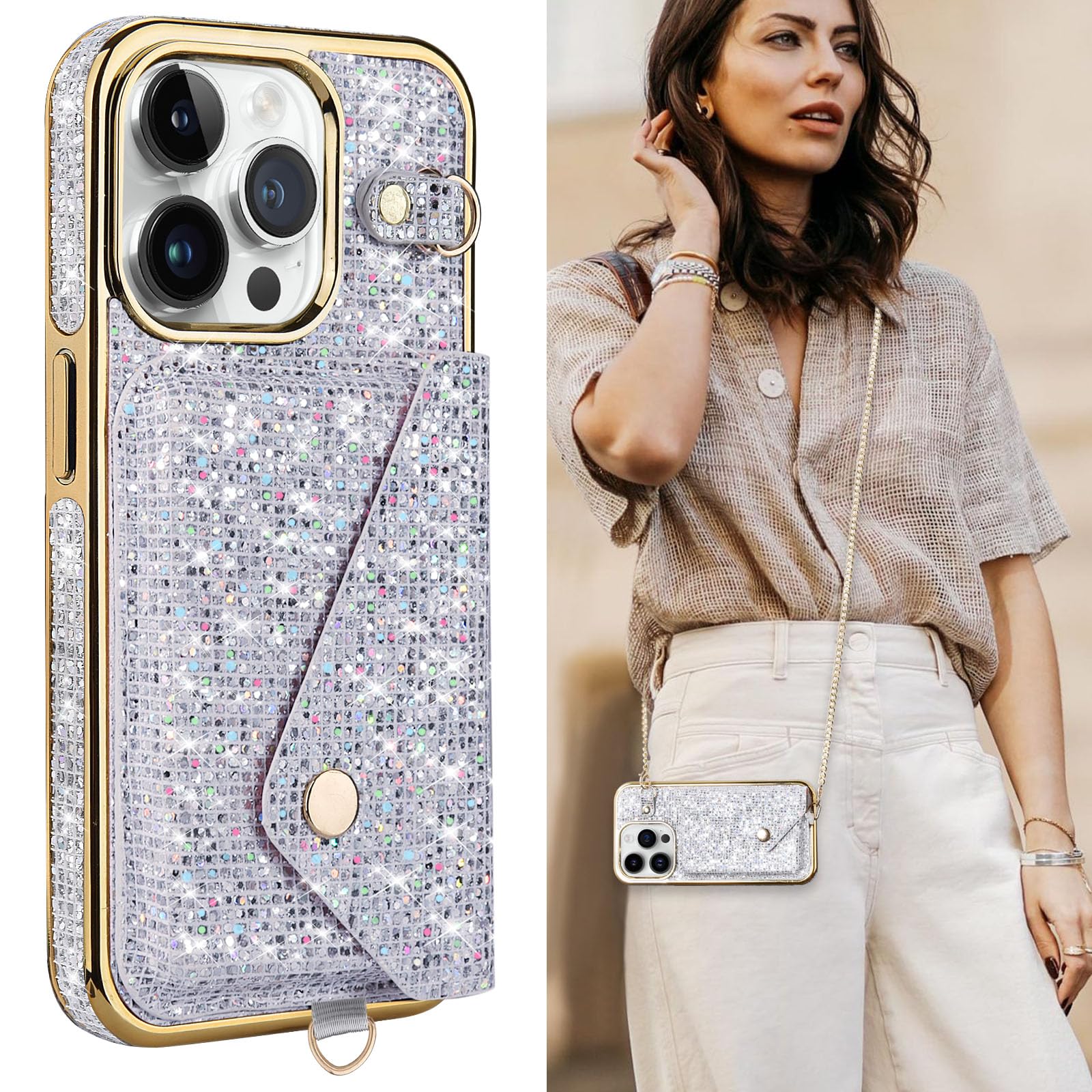 V-MORO Glitter Leather Wallet Case with Metal Chain for iPhone 15 Pro (6.1 inch) - Shiny Protective Purse Phone Cover for Women, Silver/Rainbow Glitter | Perfect for Parties, Shopping & Everyday Use