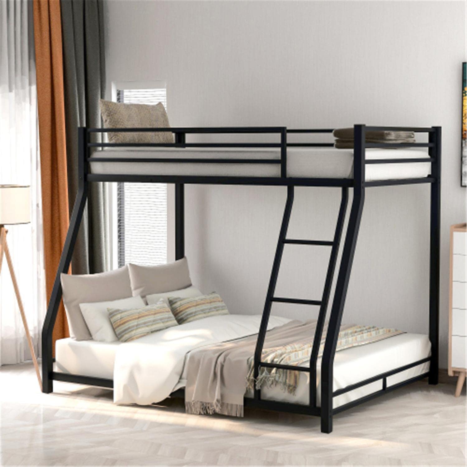 Metal Bunk Bed Twin Over Full with Ladder & Guardrails - Space-Saving for Kids & Guest Rooms