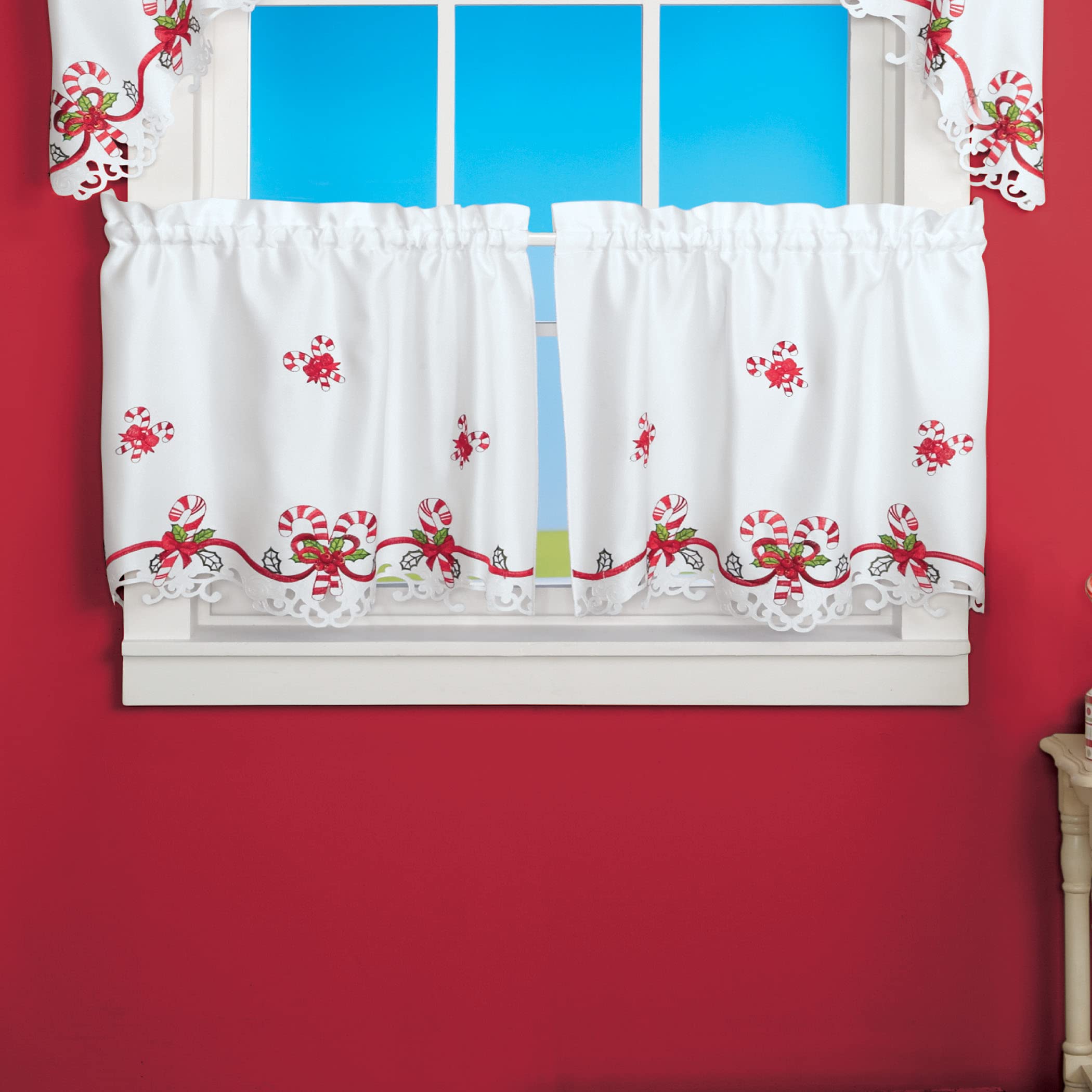 Embroidered Candy Cane Window Curtains with Rod Pocket Top - Christmas Holiday Home Decor for Living Room, Bedroom & Kitchen - Festive Seasonal Window Treatments