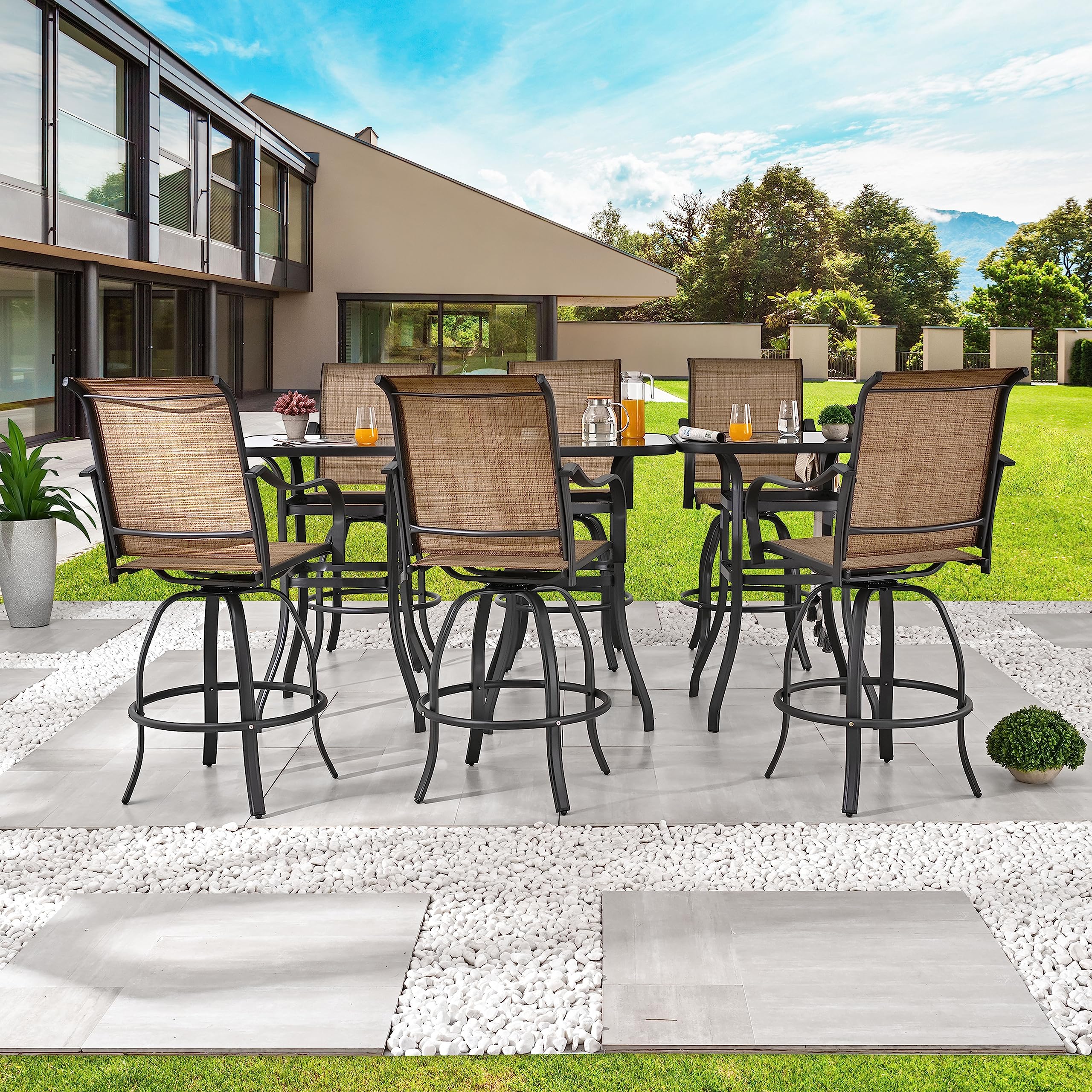 PatioFestival 9-Piece Outdoor Swivel Bar Stool Set with 3 Glass Top Tables - All-Weather Bistro Height Dining Chairs for Patio, Deck, Garden & Backyard (Brown) - Perfect for Outdoor Entertaining, BBQs & Poolside Relaxation