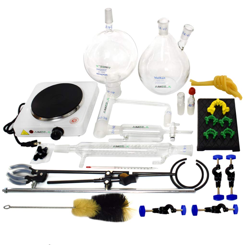 2000ml Essential Oil Distillation Kit - Glass Water Distiller Purifier with Hot Stove & Graham Condenser for Hydrosol, Moonshine & Alcohol | Lab-Grade 24/40 Joint S35 Glassware | Perfect for Aromatherapy, Home Brewing & Herbal Extraction