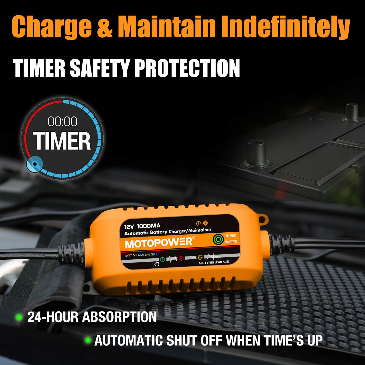 MOTOPOWER 12V 1000mA Automatic Battery Charger - Smart Battery Maintainer & Desulfator with Timer Protection - Perfect for Cars, Motorcycles, ATVs & Marine Batteries