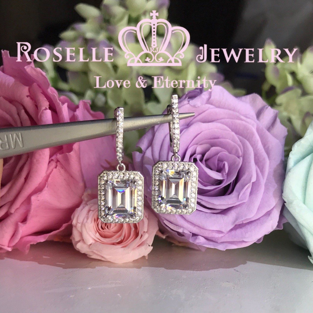 Emerald Cut Halo Drop Earrings - 14K Gold Plated Cubic Zirconia Dangle Earrings for Women | Perfect for Weddings, Parties & Special Occasions
