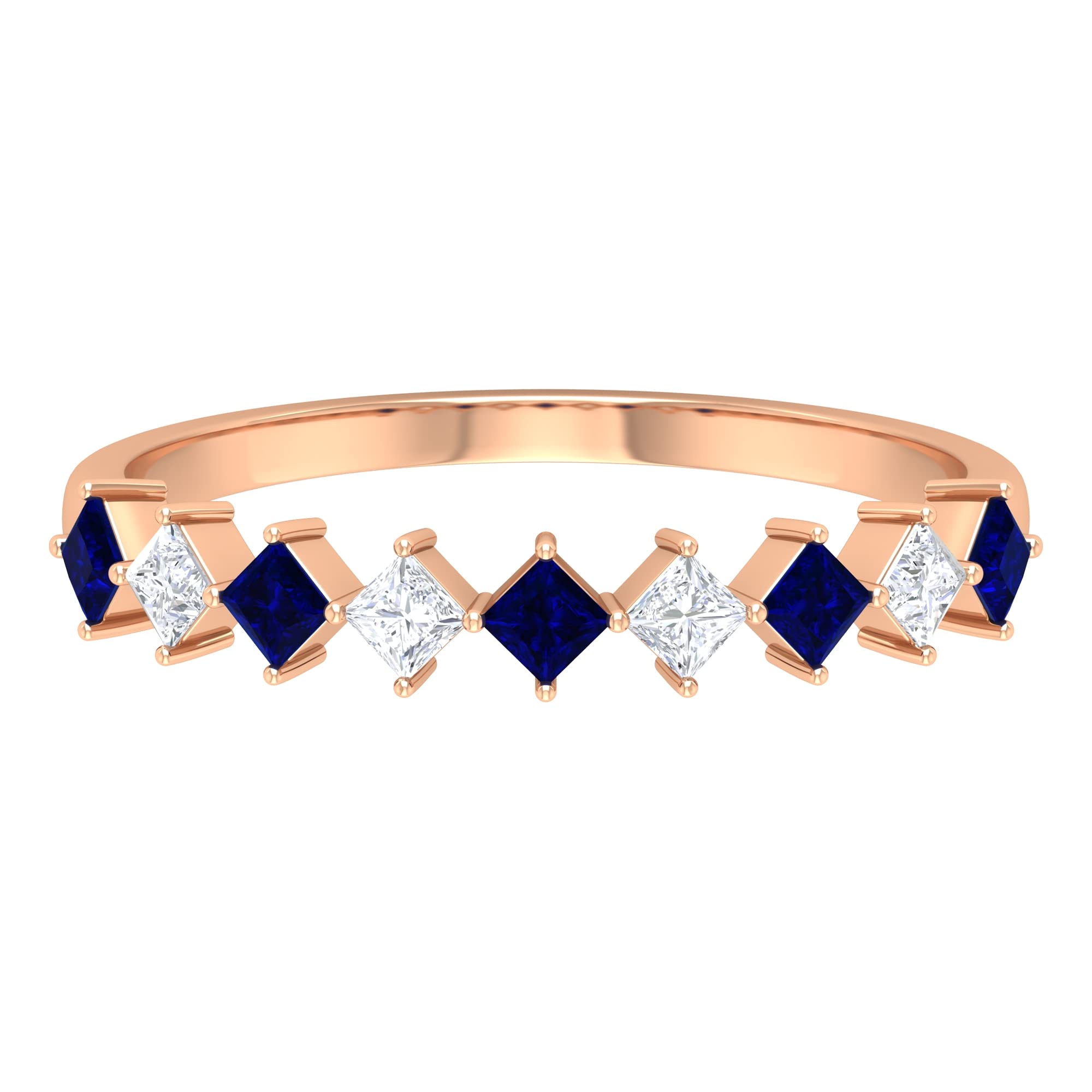 0.50 CT Princess Cut Blue Sapphire and Diamond Ring - 14K Solid Gold Half Eternity Band for Women | Perfect for Anniversary Gifts, Engagement Rings & Special Occasions
