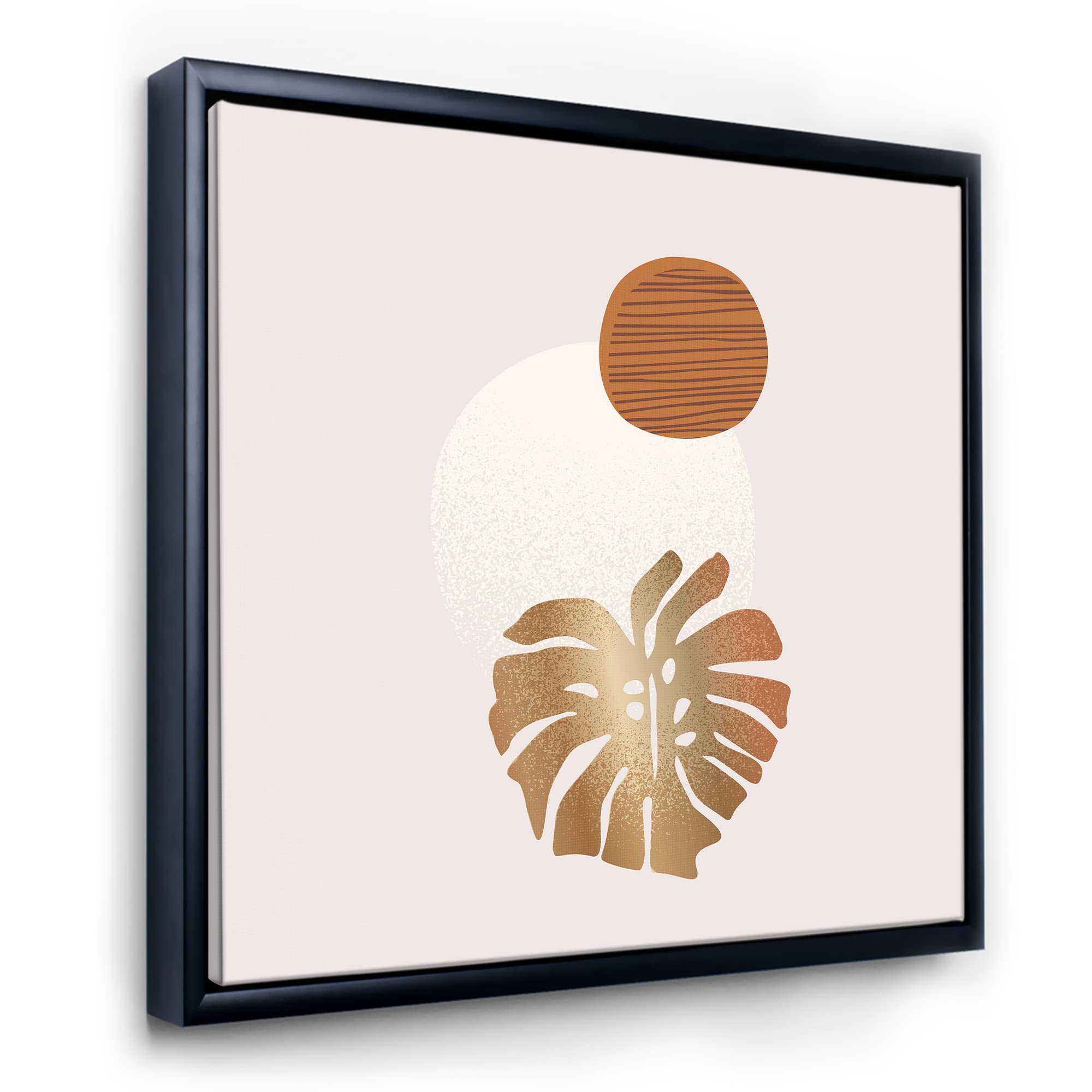 DesignQ Tropical Palm Leaf & Abstract Geometry Shapes II - Modern Framed Canvas Wall Art Print for Living Room, Bedroom & Office Decor