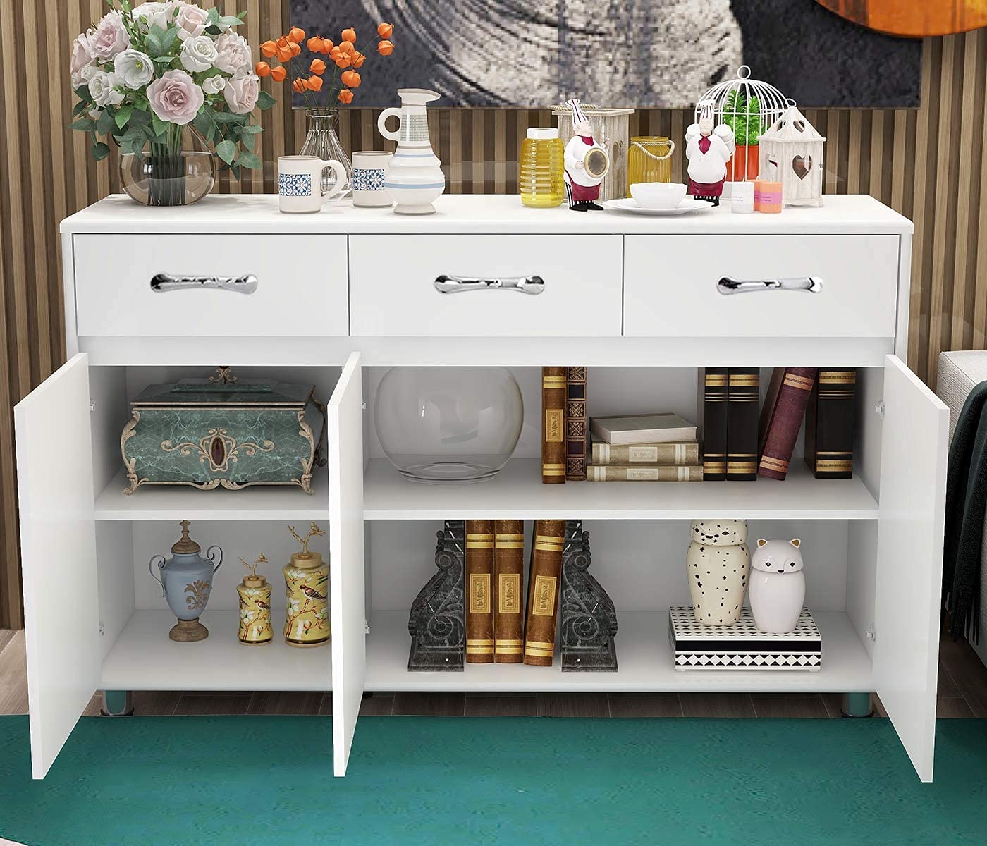 3-Drawer Sideboard Buffet Storage Cabinet with 3 Doors, Shelves & Drawers - Modern Entryway Console Table for Living Room & Dining Room (White) | Perfect for Home Organization & Stylish Storage Solutions