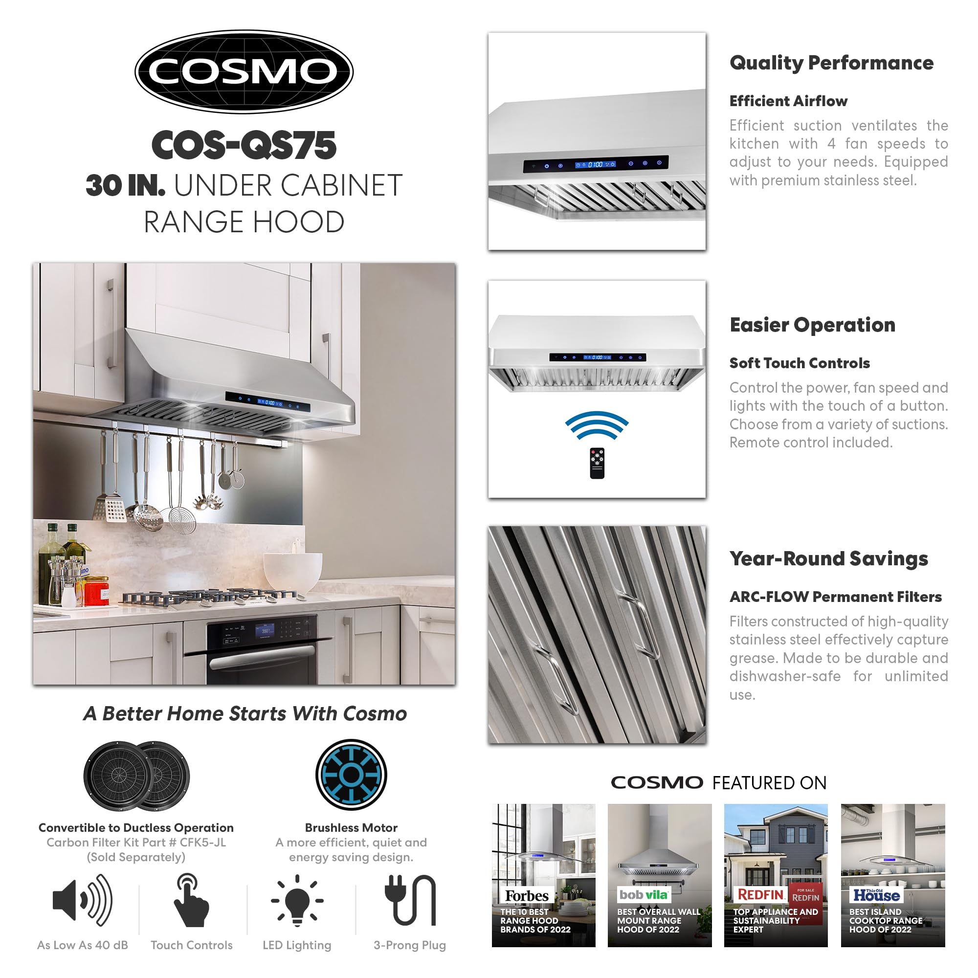 COSMO COS-QS75 30-Inch 500 CFM Ducted Under Cabinet Range Hood - Stainless Steel, Touch Control & LED Lights for Modern Kitchens | Perfect for Cooking, Ventilation & Home Upgrade