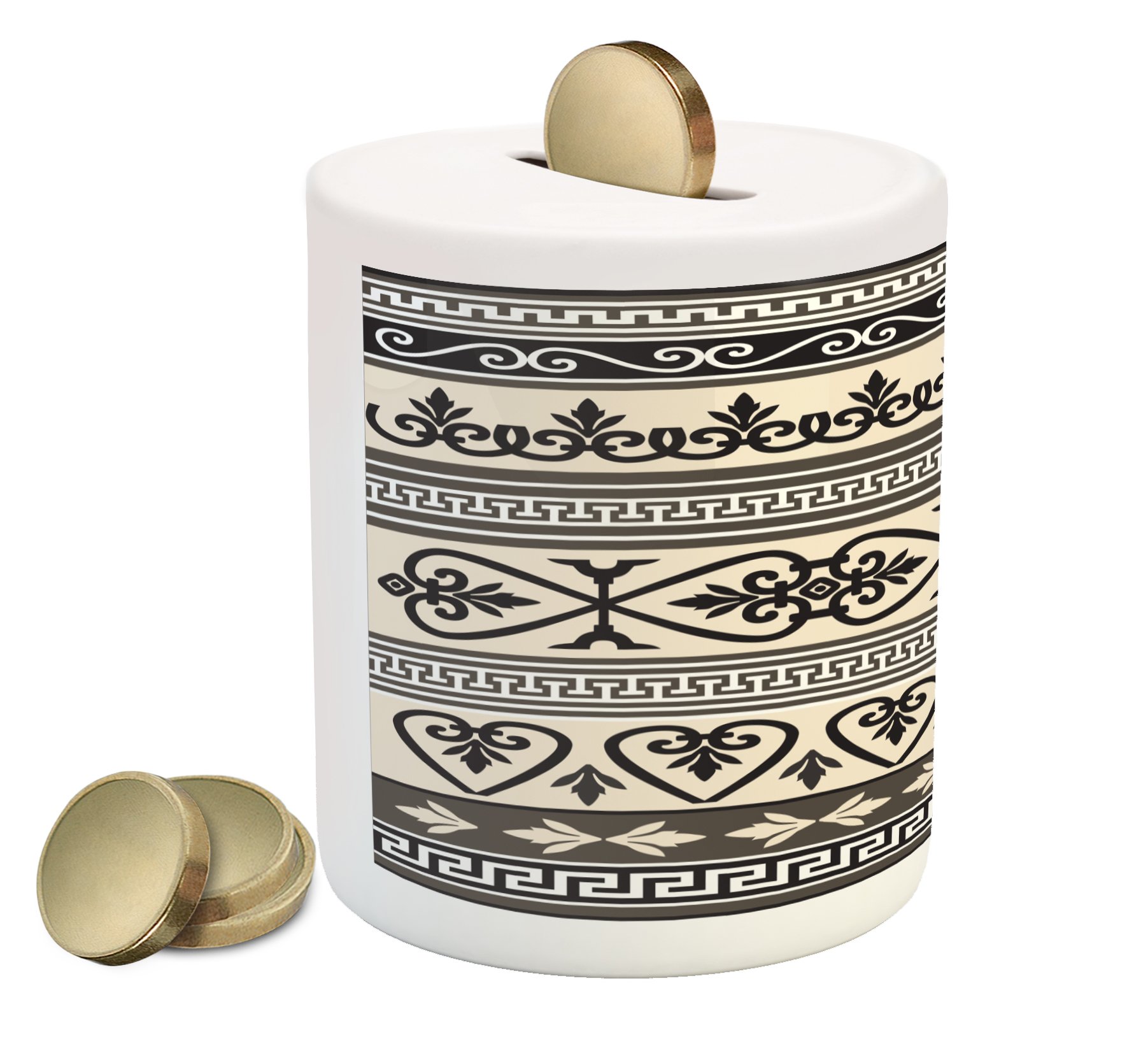 Ambesonne Ethnic Ceramic Piggy Bank with Leaves, Hearts & Roman Floral Design - Hand-Painted Money Box for Cash Savings (Taupe/Black/Tan) - Perfect Gift for Kids, Collectors & Home Decor