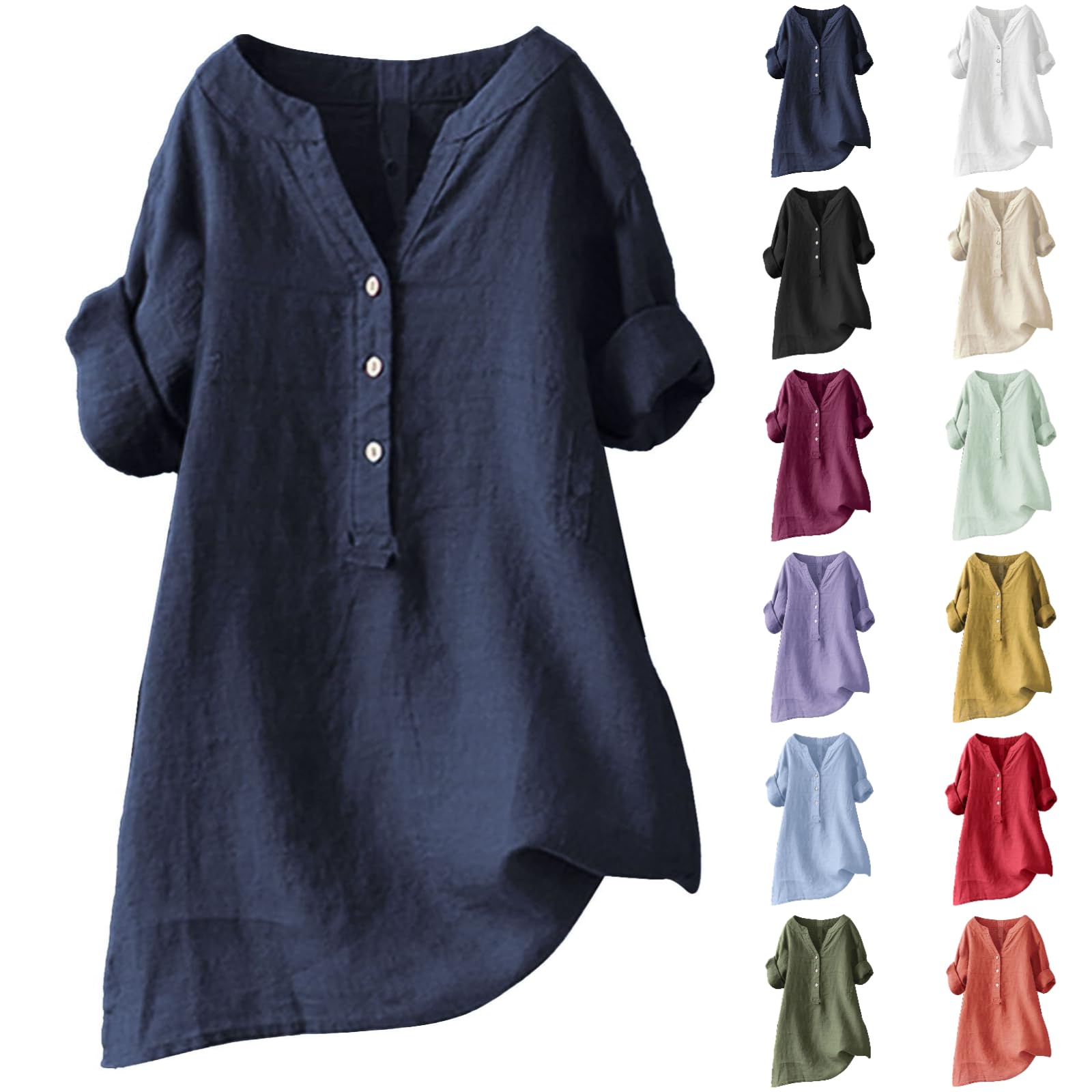 Women's Summer Tops - Linen Cotton Short Sleeve Oversized T-Shirts | V-Neck Breathable Lightweight Soft Blouses for Casual Wear & Beach Outfits
