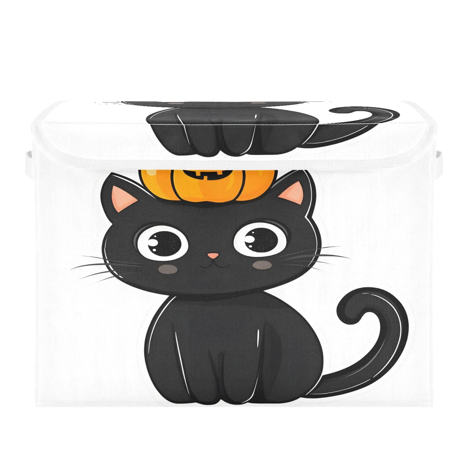 Foldable Fabric Storage Bins with Lids - Collapsible Pumpkin Head Kitten Design Organizer Baskets for Home, Bedroom, Closet & Office | Space-Saving Home Organization Solution