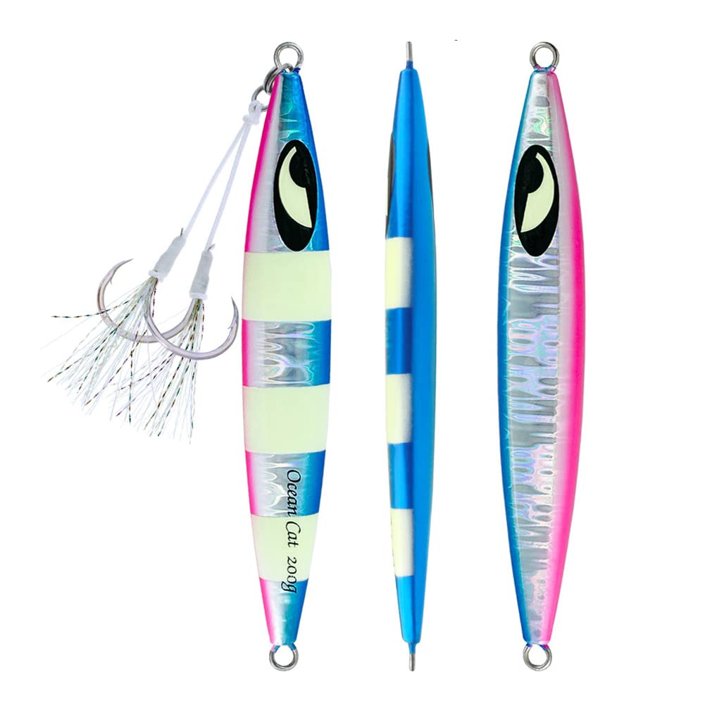 OCEAN CAT Lead Metal Flat Slow Fall Pitch Fishing Jigs Lures - Sinking Vertical Jigging Bait with Butterfly Hook for Saltwater Fishing - Perfect for Deep Sea, Offshore, and Pier Fishing