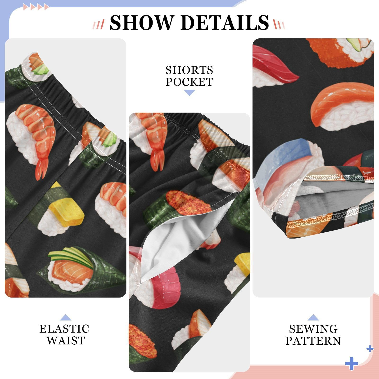**Boys Cartoon Sushi Pajama Pants - Black Soft Sleep Pants with Elastic Waist & 2 Pockets - Comfortable Lounge Pajama Bottoms for Kids' Bedtime & Relaxation**