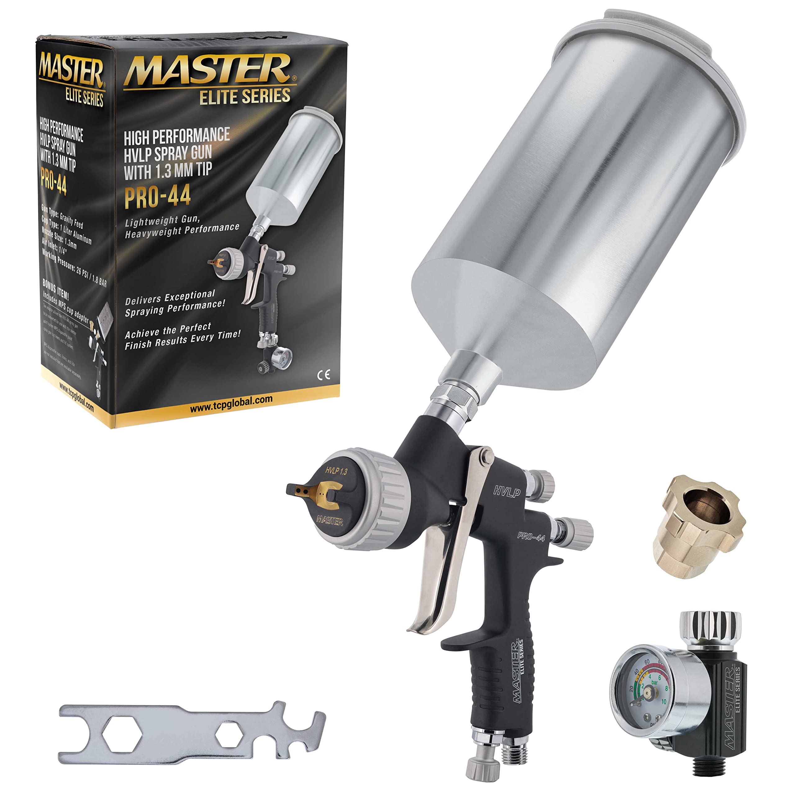 Master Elite PRO-44 HVLP Spray Gun with 1.3mm Nozzle & Air Pressure Gauge - Professional Automotive Paint Gun for Basecoats, Clearcoats - Advanced Atomization Technology - Perfect for Car Painting, Furniture Refinishing & DIY Projects