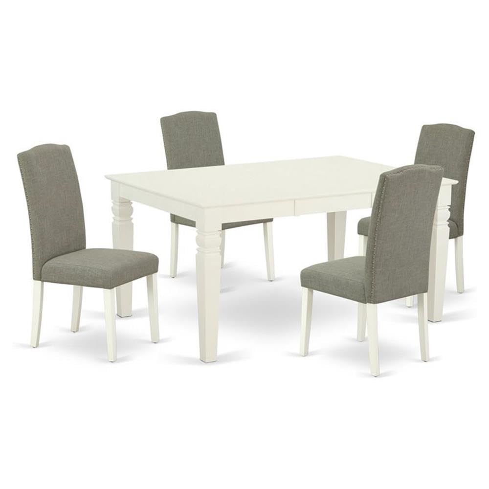 East West Furniture WEEN5-LWH-06 5-Piece White Linen Dining Set with 42x60 Inch Extendable Table & 4 Dark Shitake Fabric Chairs - Perfect for Small Kitchens, Breakfast Nooks & Cozy Family Meals