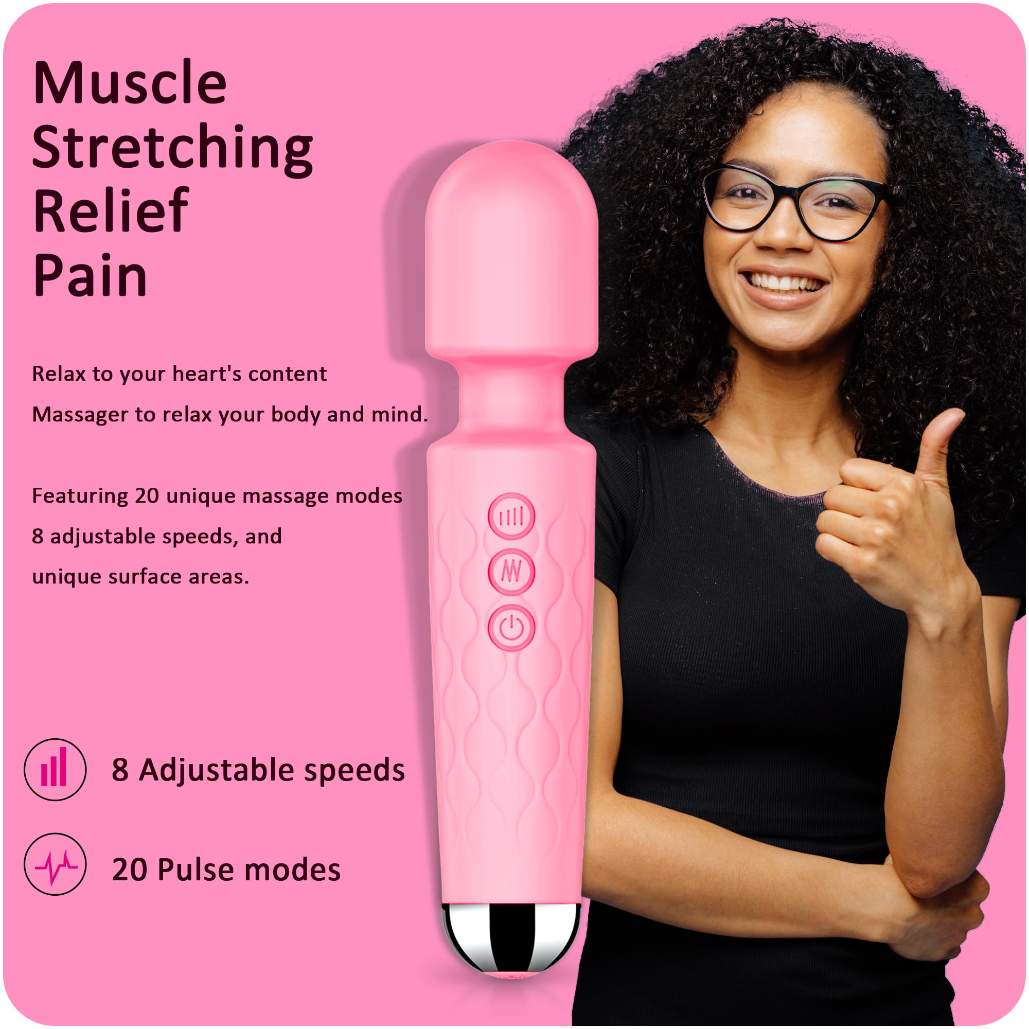 Premium Pink Vibrating Wand Massager - 8 Speeds & 20 Patterns Clitoral Stimulator, Waterproof Adult Sex Toy for Women - Perfect for Solo Play, Couples Intimacy & Stress Relief