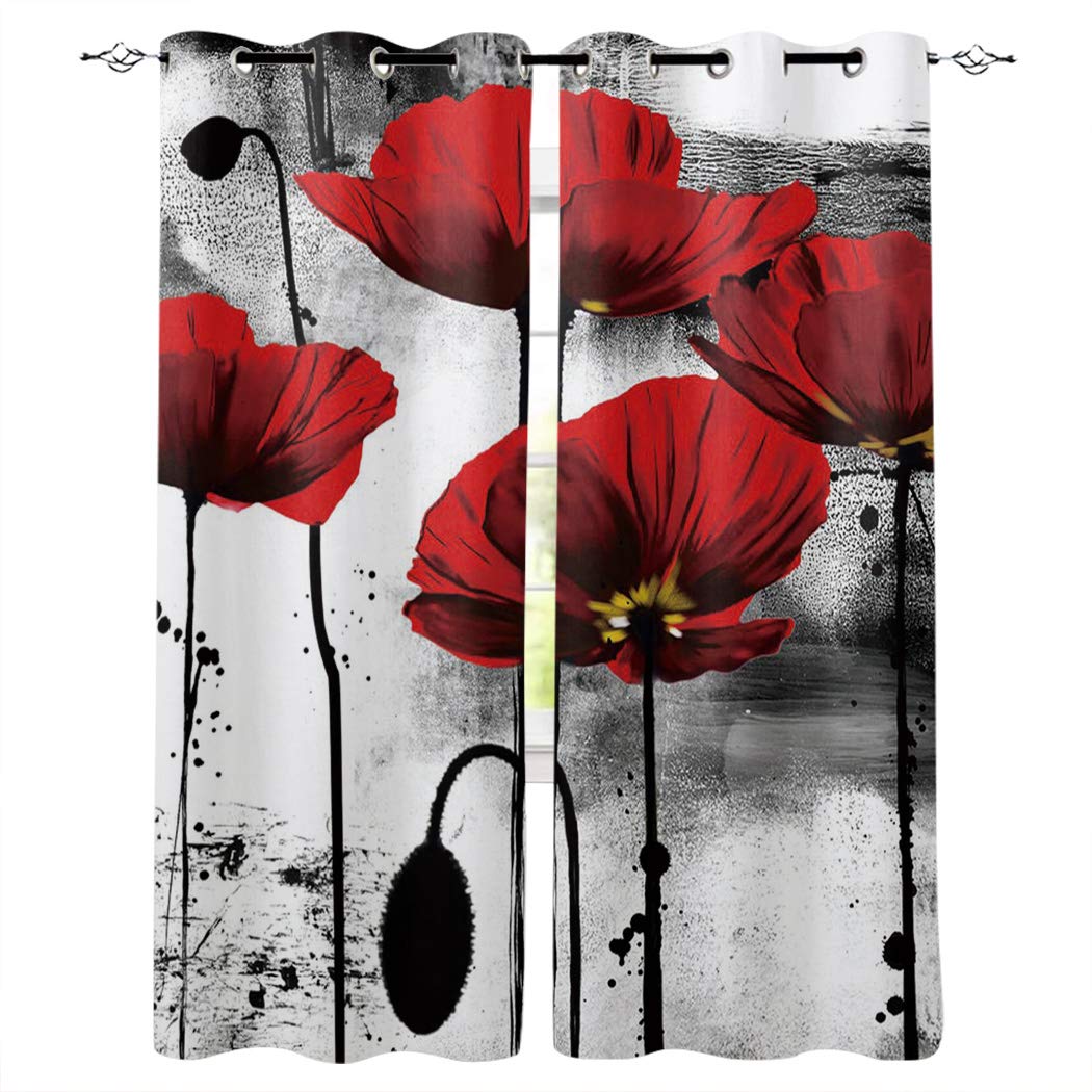 Red Poppy Flower Ink Painting Window Curtains - Set of 2 Panels 80x84 Inches, Semi Sheer Grommet Drapes for Living Room, Bedroom & Kitchen, Sliding Glass Door Decor | Elegant Home Decor for Modern Interiors & Cozy Spaces