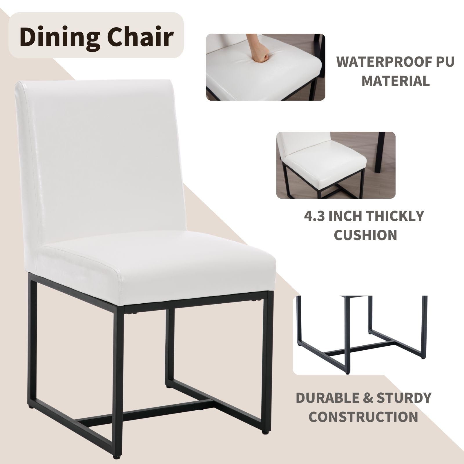 Modern PU Leather Kitchen Chairs Set of 2 - Comfortable Upholstered Dining Chairs with Black Metal Frame - White Contemporary Side Chairs for Kitchen, Dining Room, Breakfast Nook & Small Spaces