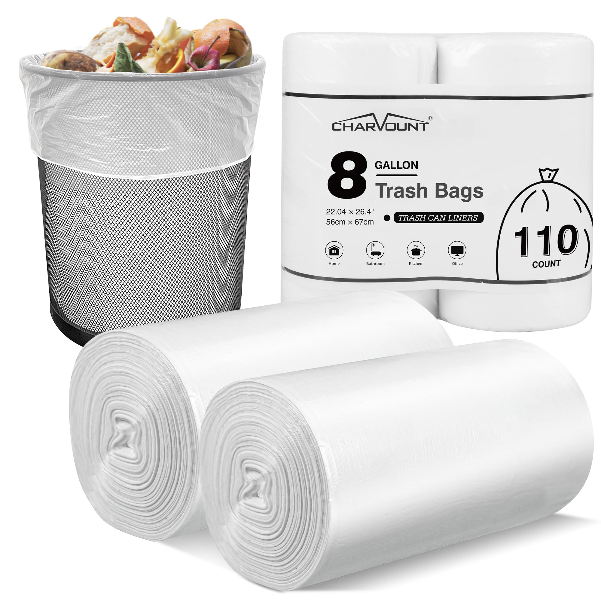 Charmount 8 Gallon Trash Bags - 110 Count Medium Garbage Can Liners for Bathroom, Kitchen & Office | Clear Unscented Trash Bags | Perfect for Small Bins, Wastebaskets & Home Use