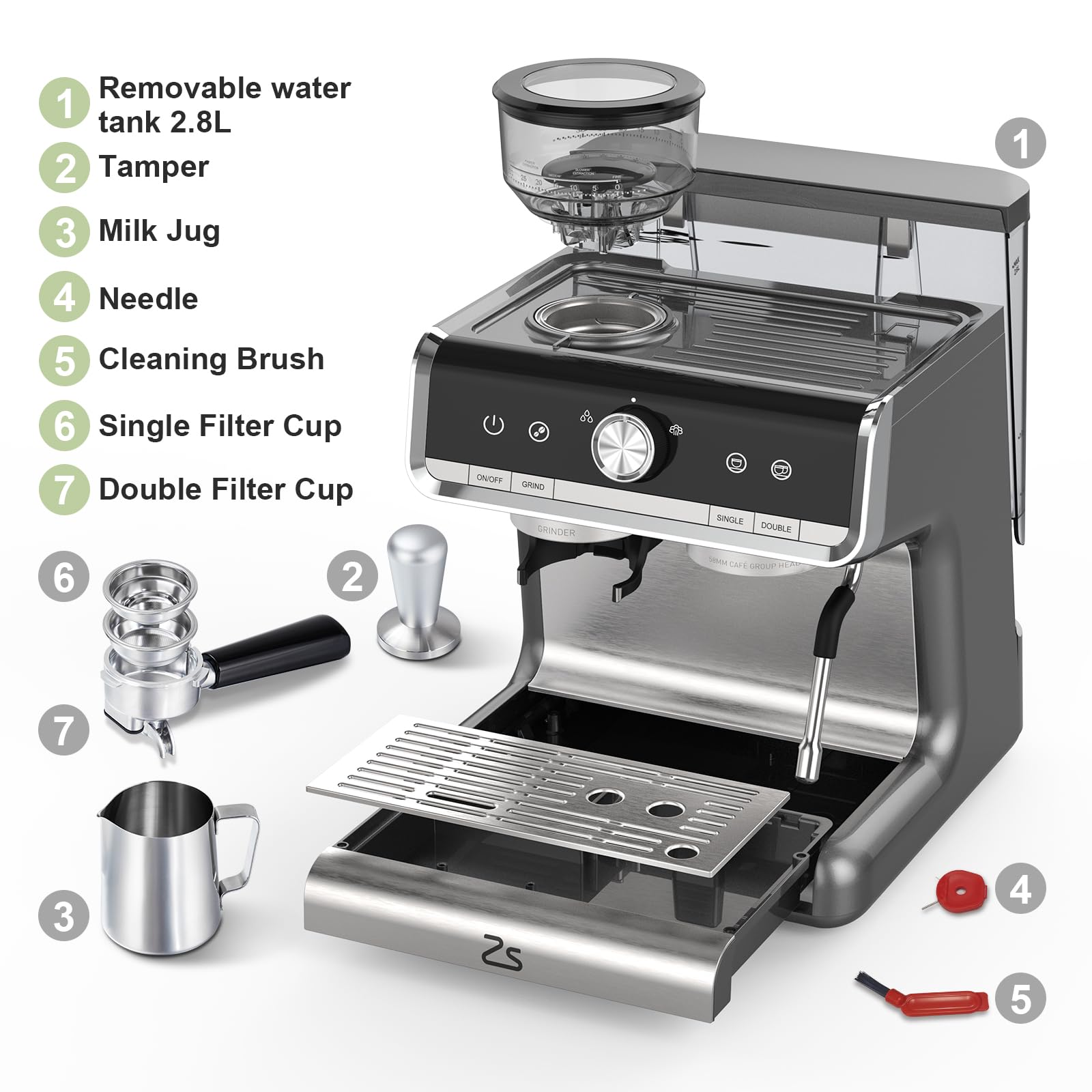 20 Bar Semi-Automatic Espresso Machine with Built-in Grinder & Milk Frother - Professional Home Coffee Maker for Latte, Cappuccino, Macchiato - Perfect Gift for Coffee Lovers & Parents (Home, Office, Cafe Use)