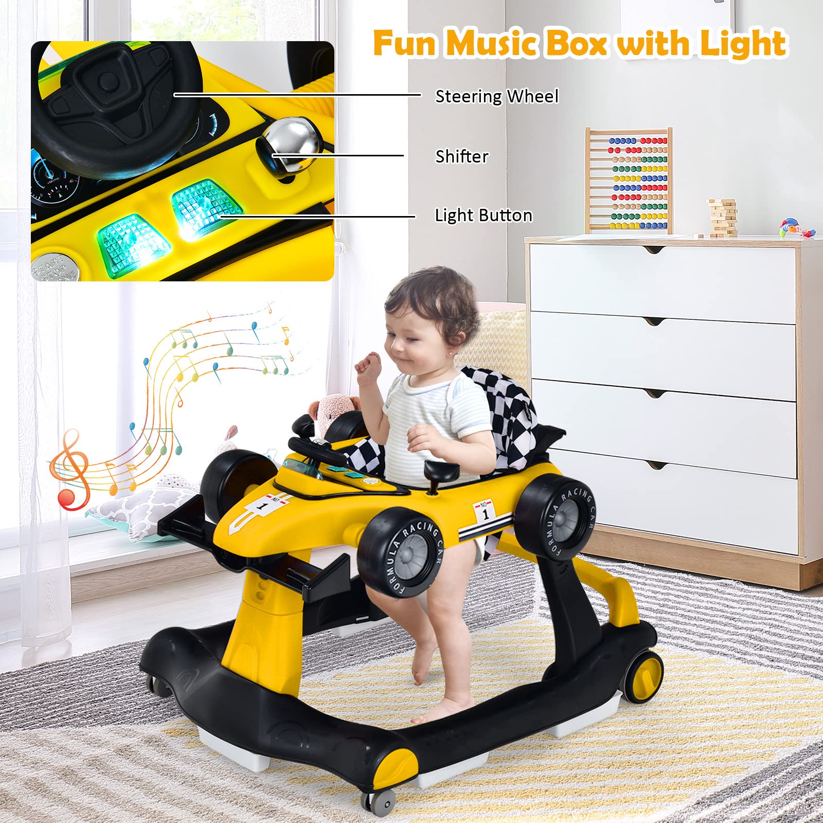 **HONEY JOY 4-in-1 Baby Walker & Activity Push Walker – Adjustable Height (3 Levels), Smooth Wheels with Speed Control, Padded Seat, Music & Lights, Foldable – Ideal for Boys & Girls 6+ Months (Yellow) – Perfect for Learning to Walk, Playtime & Indoor Exploration**
