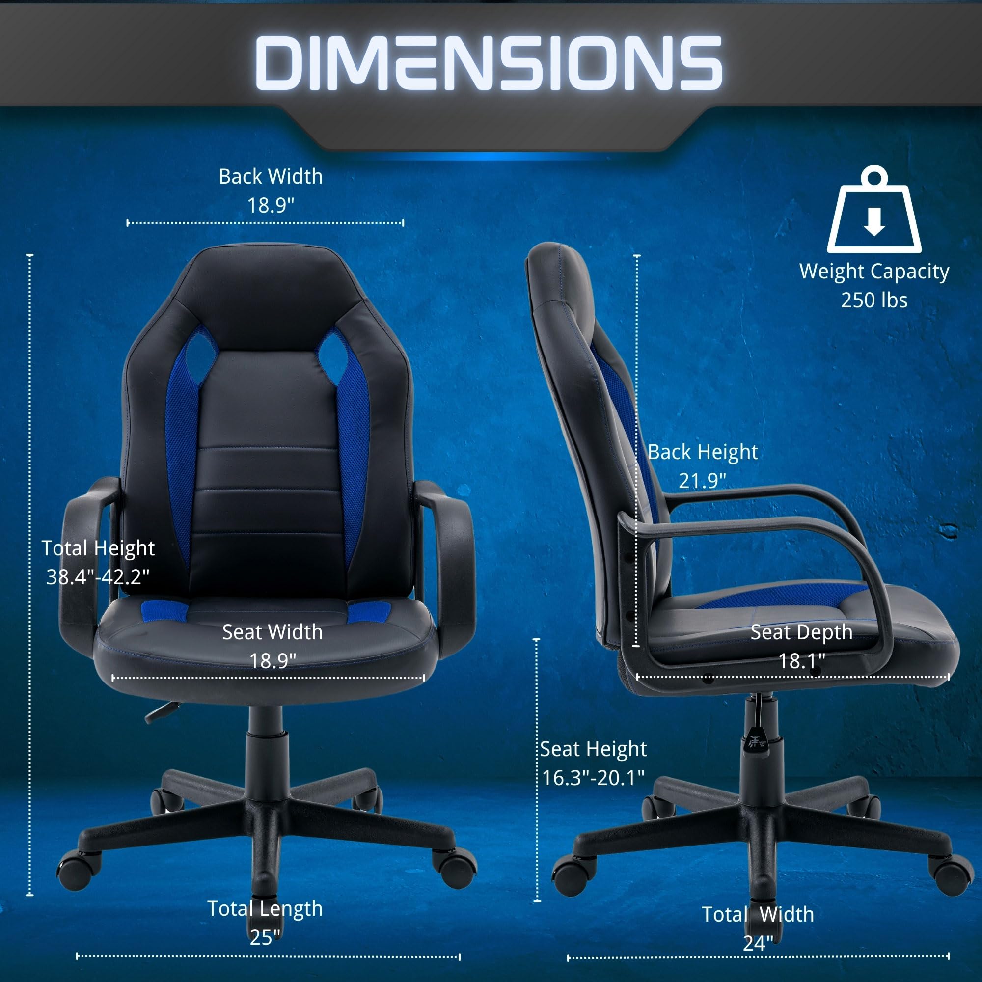 Ergonomic Gaming Chair for Adults & Teens - High Back Racing Style Computer Desk Chair with PU Leather, Adjustable Height & Lumbar Support - Perfect for Home Office, Gaming & Workstations (Black & Blue)