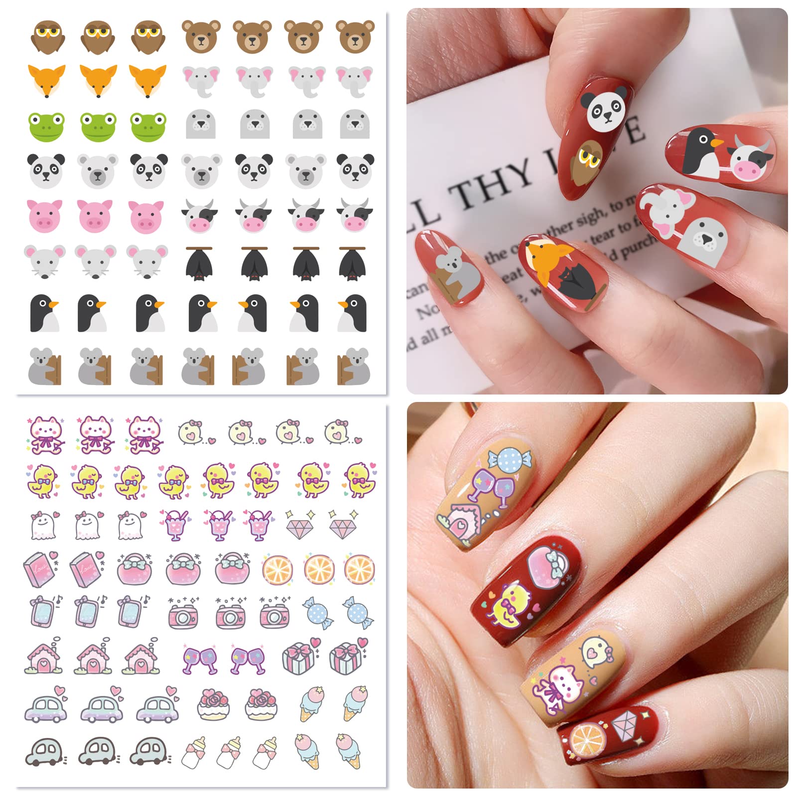 Cute DIY Nail Stickers for Women & Girls - Cherry, Animals Design - Spring Nail Art Decals for Party & Daily Use