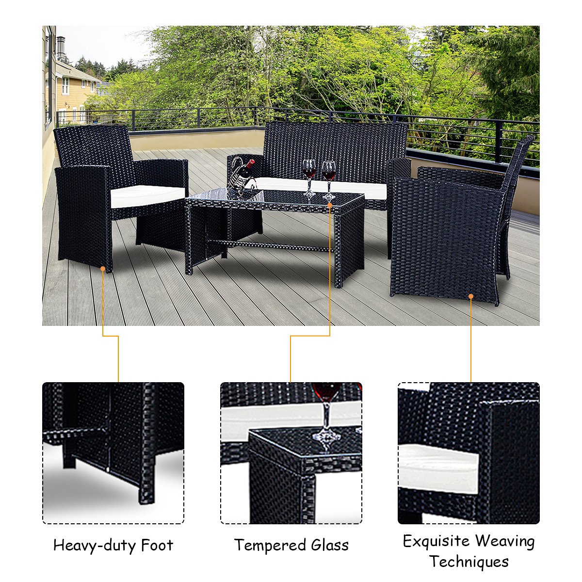 Casart 4-Piece Rattan Patio Furniture Set - Wicker Outdoor Sectional Sofa with Tempered Glass Coffee Table, High Backrest & Removable Cushions - Perfect for Garden, Lawn, Balcony, Deck & Poolside Relaxation