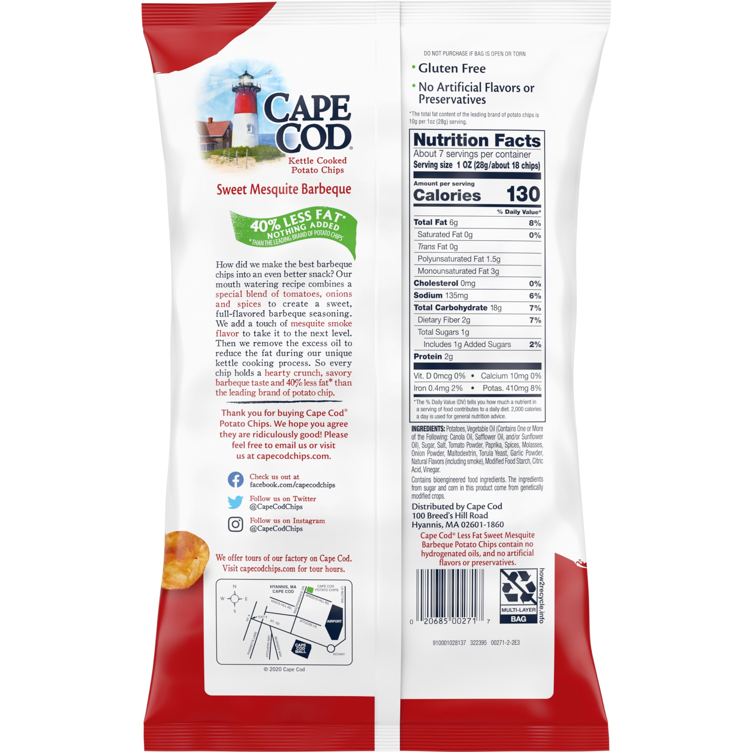 **Cape Cod Sweet Mesquite BBQ Kettle Cooked Potato Chips - Low Fat, Gluten Free Snacks - 7.5 Oz (12 Pack) - Perfect for Parties, Picnics & Game Day Snacking**