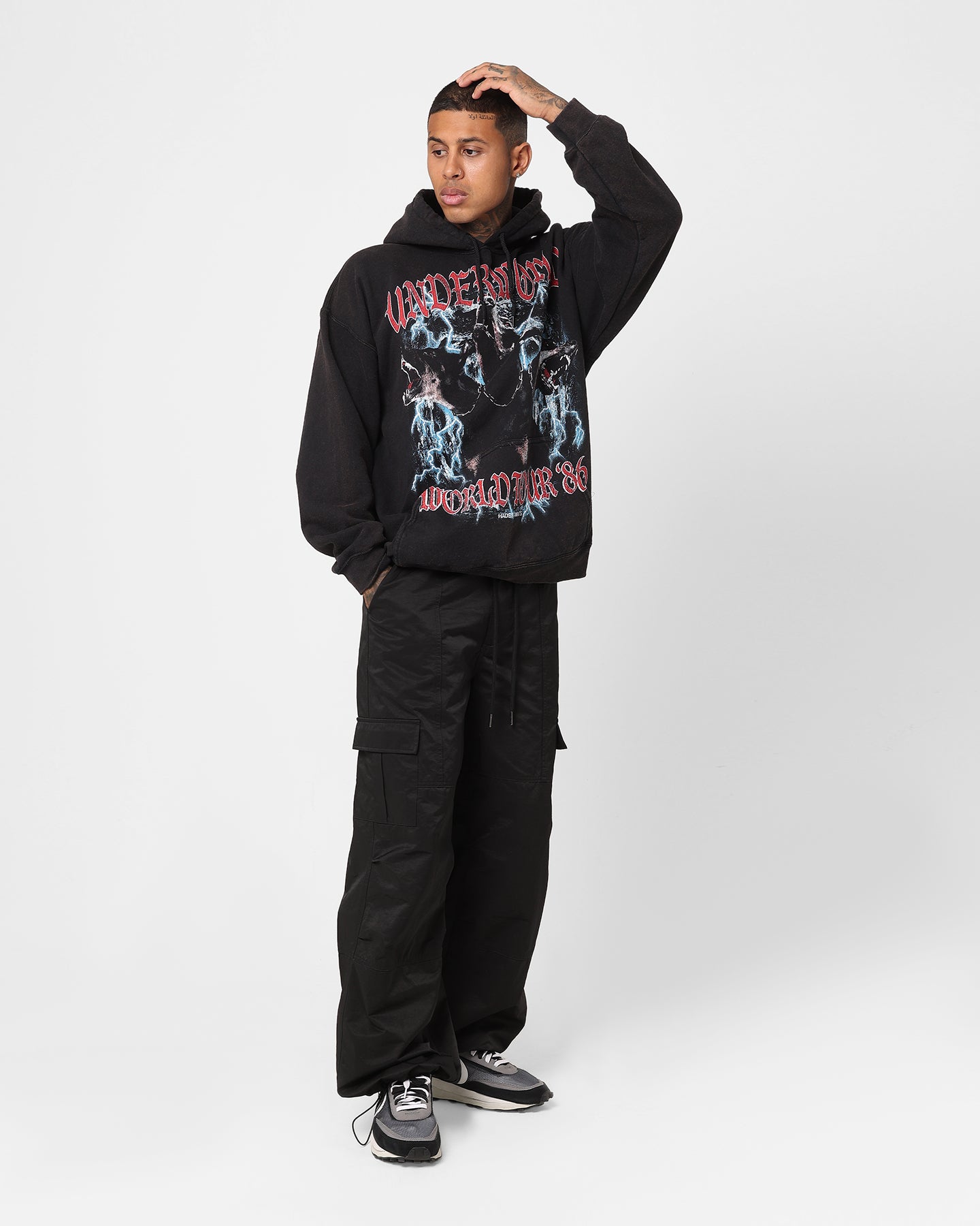 Vintage American Thrift Underworld Tour Hoodie - Distressed Black Wash | Streetwear Fashion for Concerts & Urban Style