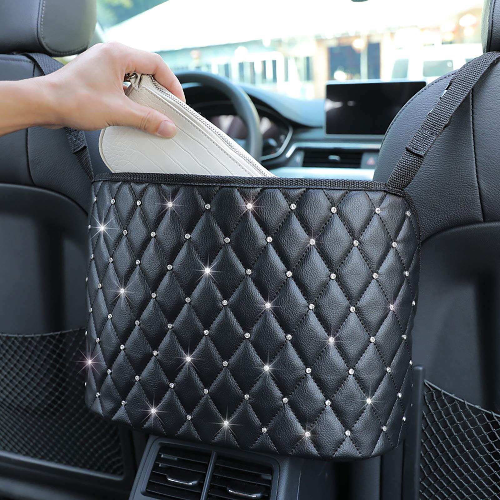 Diamond Car Net Pocket Handbag Holder - Bling Driver Storage Netting Pouch for Front Seat Organizer | Backseat Pet & Kids Barrier | Car Purse Storage Organizer (Black with Rhinestones) - Perfect for Road Trips, Daily Commutes & Keeping Your Vehicle Tidy