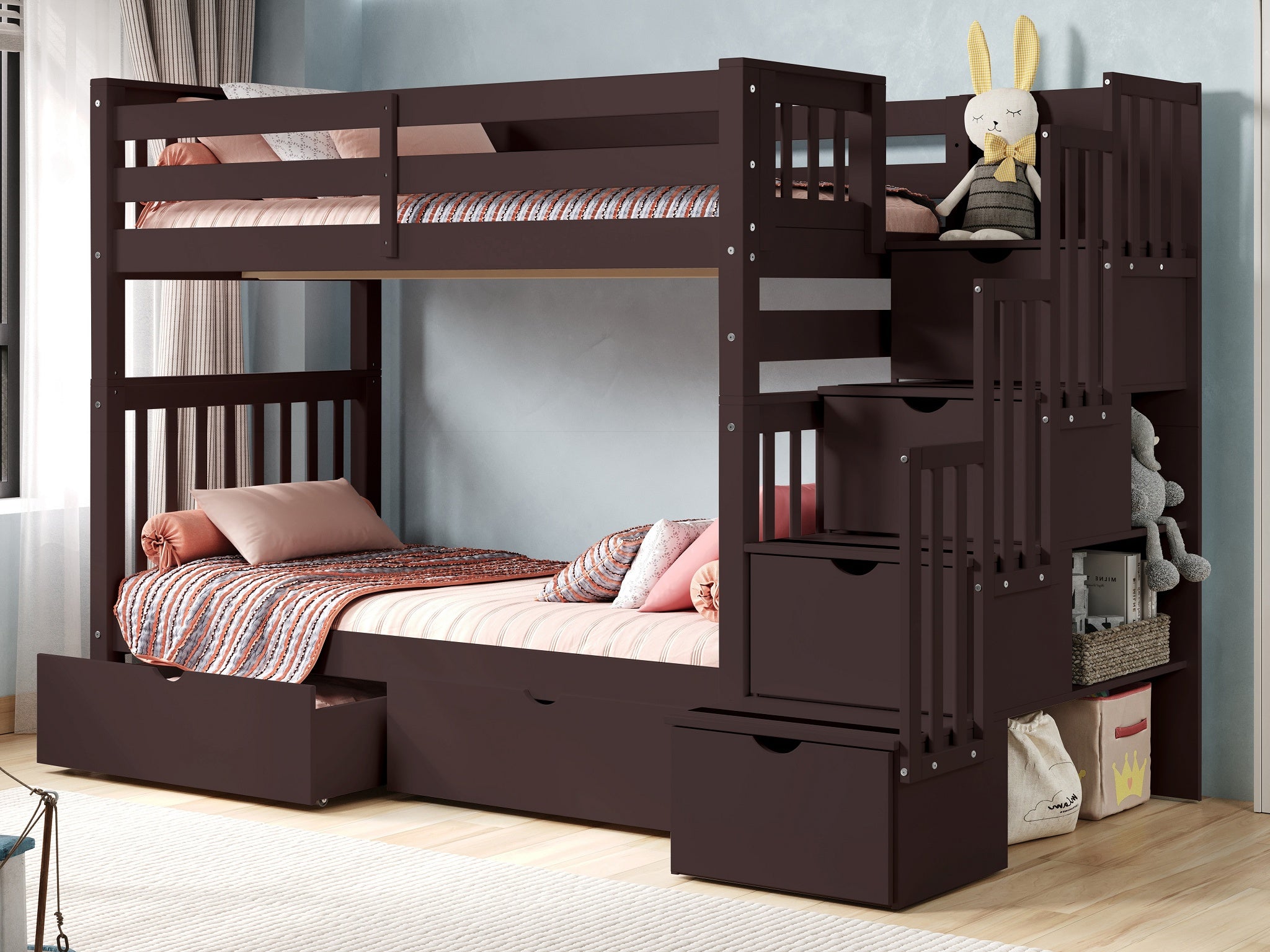 Twin Over Twin Bunk Bed with Stairway and Drawers - Dark Cherry Finish for Kids' Bedroom and Space-Saving Home Furniture