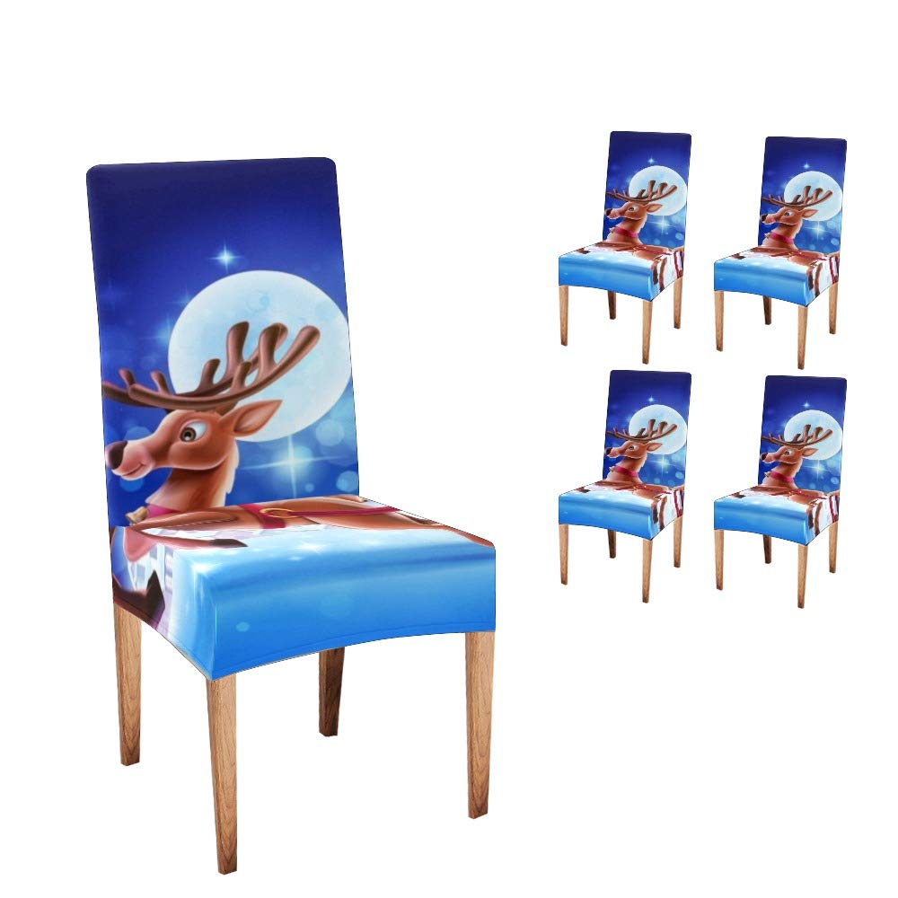 XIUCOO Stretch Chair Covers - 4-Piece Set of Soft, Comfortable Santa Claus & Reindeer Design Slipcovers for Dining Room Chairs - Perfect for Christmas Parties, Holiday Decorations & Home Festive Gatherings