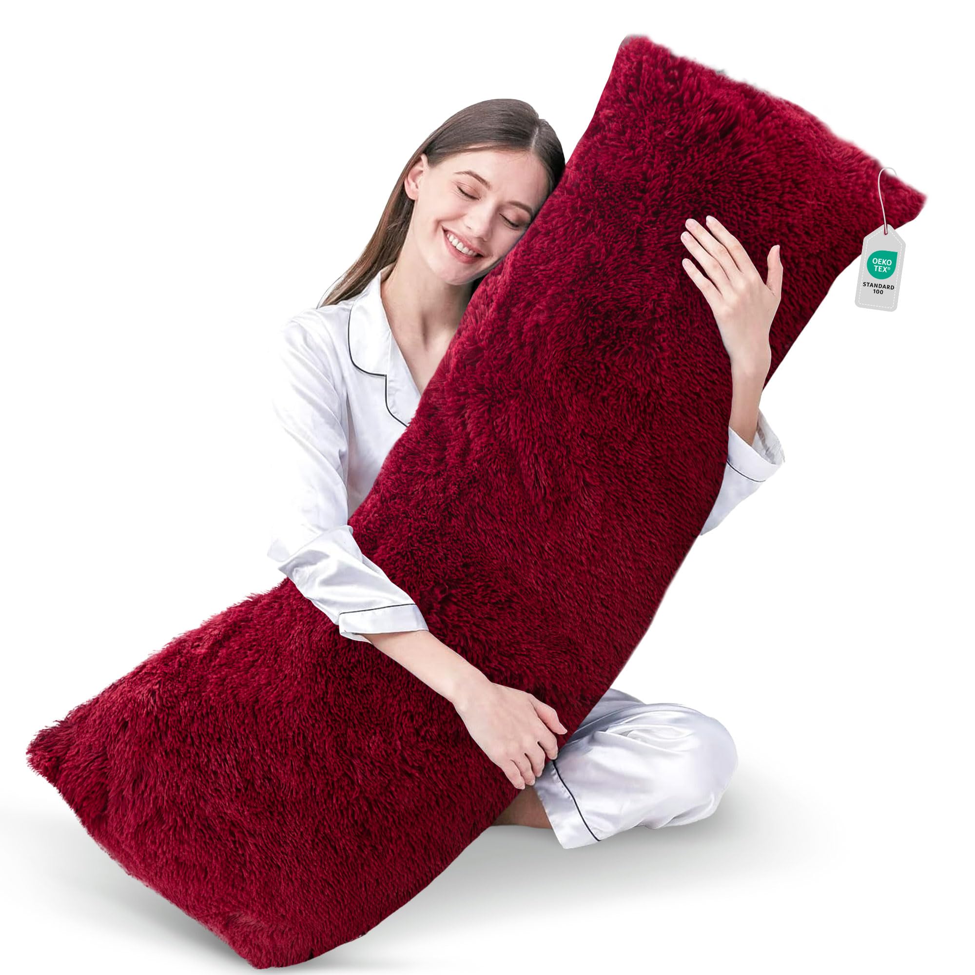 Cheer Collection Long Body Pillow - Ultra Soft Plush 20x54 Pillow for Side Sleepers | Shaggy Hair Cover in Maroon | Perfect for Couch, Bed & Home Decor | Great for Pregnancy Support, Lounging & Movie Nights