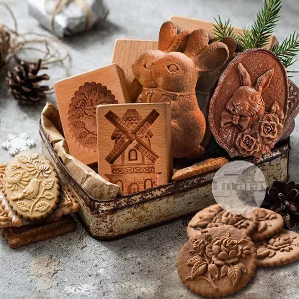 Wooden Cookie Molds Set - Hand Carved Biscuit Cutters & Embossing Stamps for Baking, DIY Gingerbread Cookies, Holiday Treats - Perfect for Christmas Decorations, Homemade Gifts, and Family Baking Activities